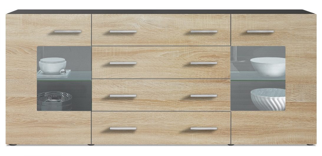 Vladon Sideboard Noah V2 (Kommode mit 2 Türen, 4 Schubladen und 2 flexible Glaseinlegeböden), Schwarz matt/Eiche sägerau (166 x 72 x 35)