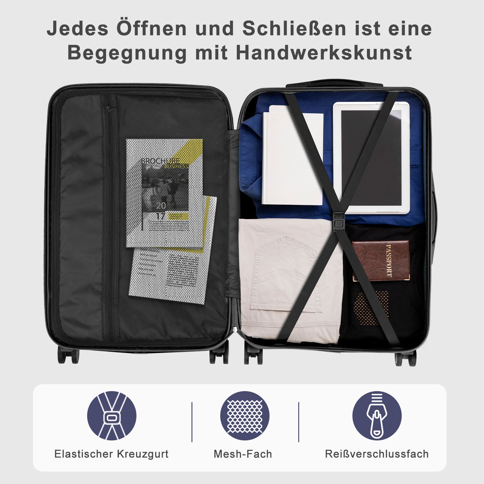 LALAHO Trolley Kofferset Hartschale Reisekoffer, 360° Rollen, 4 Rollen, 4er Set Handgepäck, moderner Koffer, Dunkelgrau