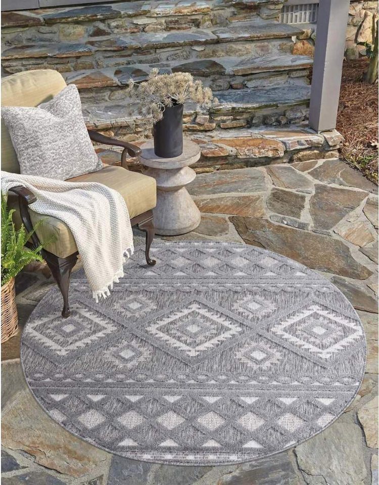 Teppich In-& Outdoorteppich Santorini 435, 3D-Effekt, Boho-Look, Carpet  City, rund, Höhe: 5 mm, Wetterfest & UV-beständig für Terrasse, Balkon,  Küche, Flur