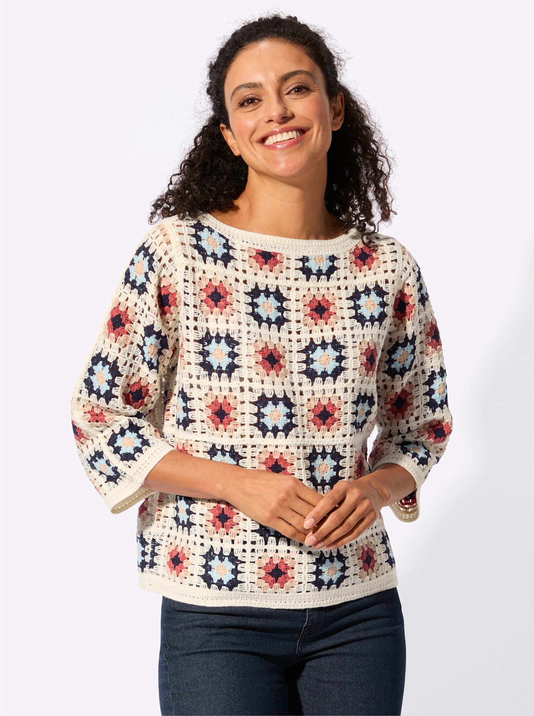 Witt Strickpullover Pullover 3/4-Arm Mustermix gestrickt, Häkeloptik