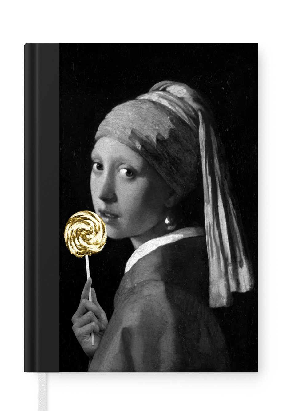 - Merkzettel, A5, - Tagebuch, Seiten, Notizbuch Journal, - MuchoWow Perlenohrring Notizheft, Johannes Haushaltsbuch 98 Vermeer Mädchen Gold, mit einem Lollipop