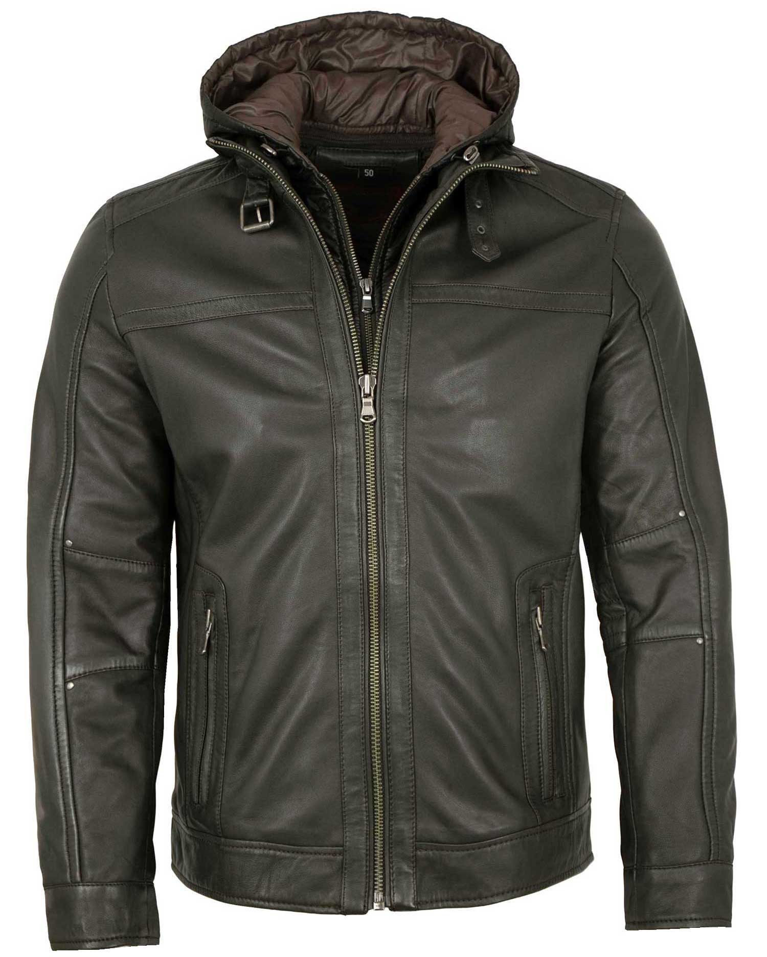 Lederjacken24 Lederjacke Meander Herren Lederjacke Kapuze Lammnappa grau-braun