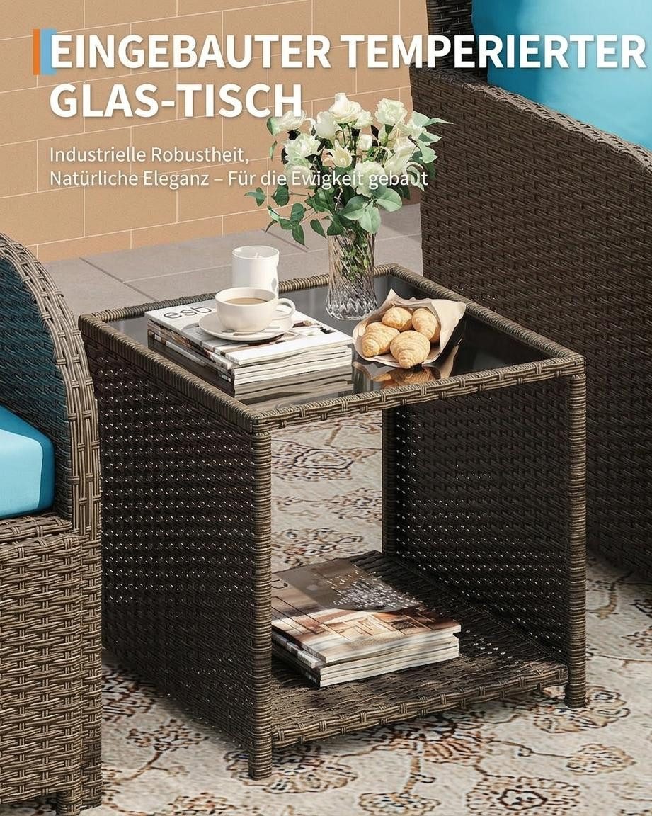 GarveeMore Gartenlounge-Set Terrassenmöbel mit Tisch,5 teilig Rattan Balkonmöbel Kleiner Balkon, (Set, 2 Sessel, 2 Hocker, 1 Couchtisch, Kissen, Glasplatte), Ga – Bild 5 von 5