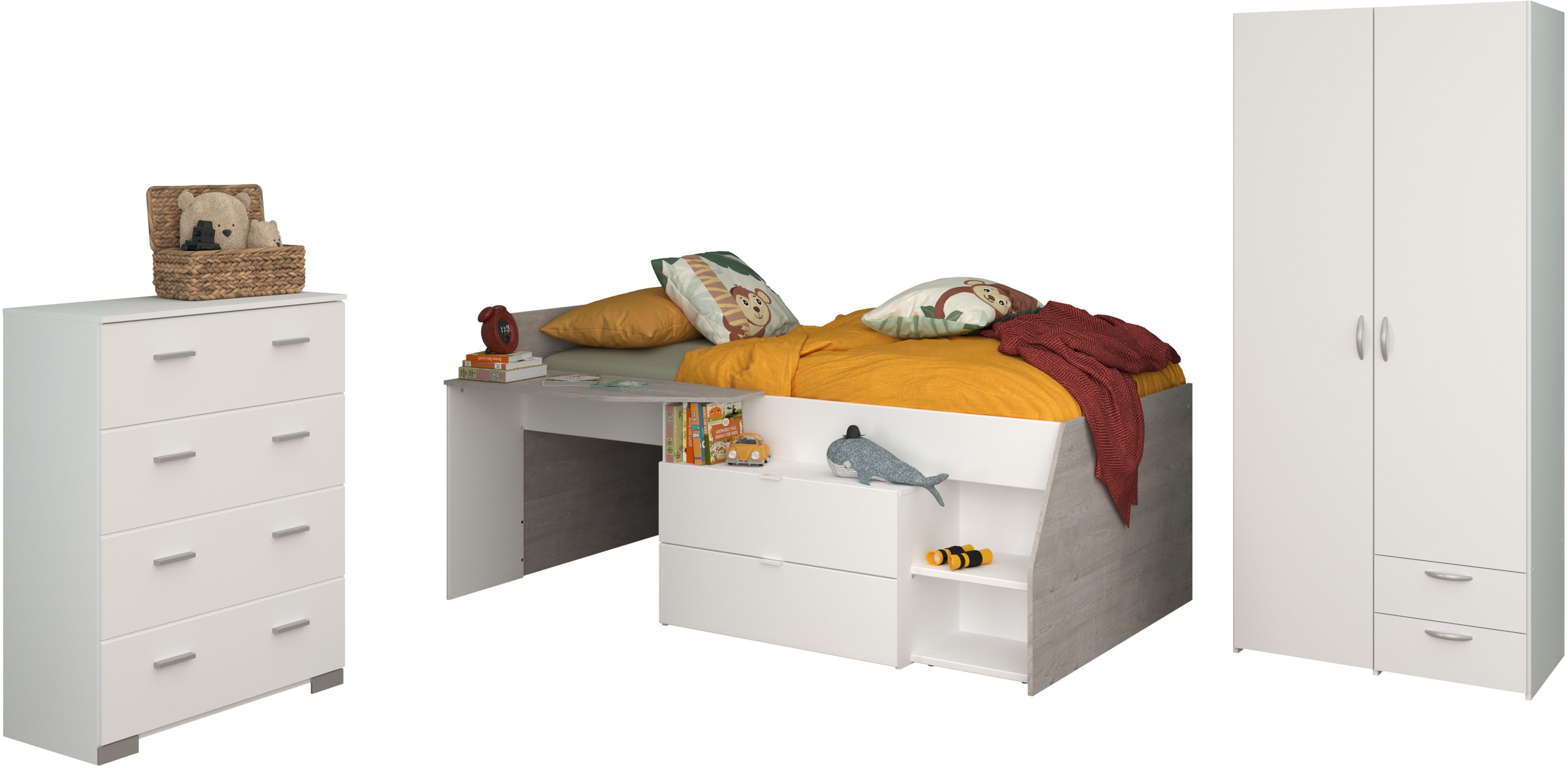 Parisot Jugendzimmer-Set Parisot, Milky 12, (3-tlg), tolles halbhohes Hochbett, Kleiderschrank mit Mittelwand und Stauraum