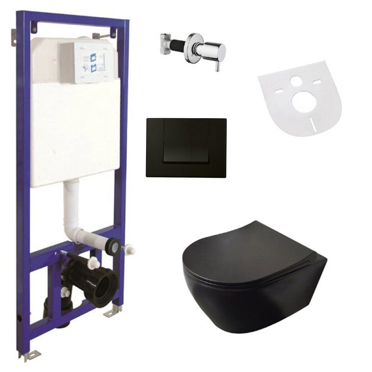 Belvit WC-Komplettset mit Taharet / Bidet Funktion, verschiedene WCs in schwarz & weiß, (Spar-Set Spülrandloses Wand-WC), Softclose, Vorwandelement, Schallschutz & Absperrventil