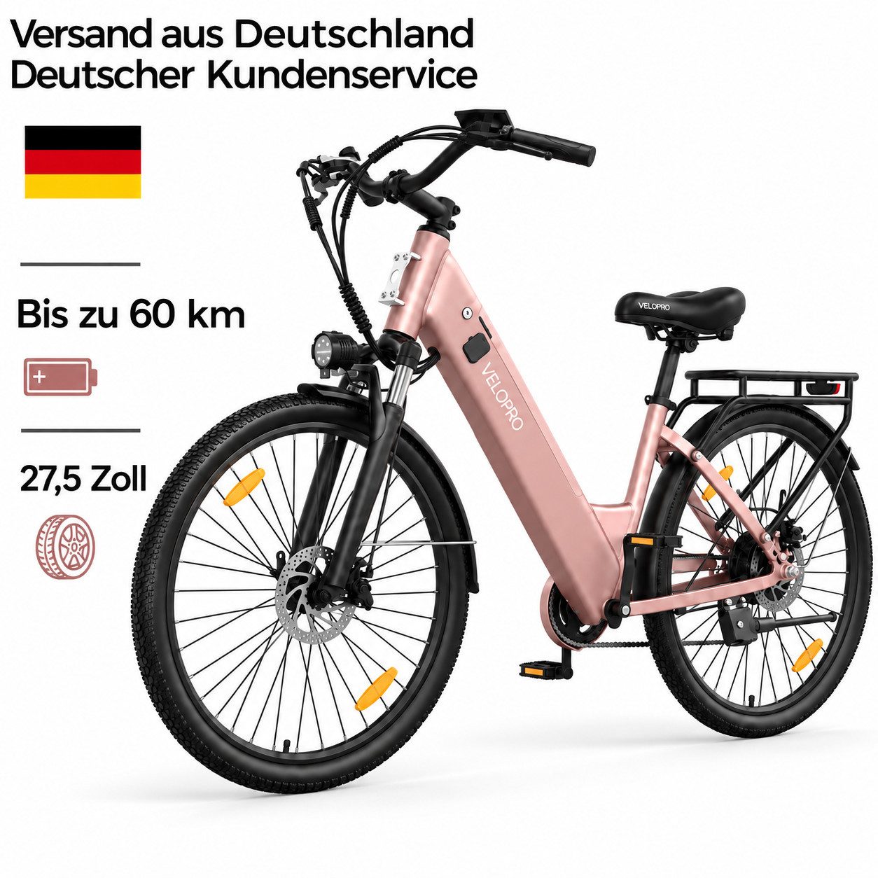 PIXAR E-Bike Cityrad Velopro C1 27,5 Zoll City Elektrofahrrad, 36 V 13 Ah Akku, 7-Gang, 7 Gang, Heckmotor, 468 Wh, Multifunktions-LCD; 250W Heckmotor; Gepäckträger