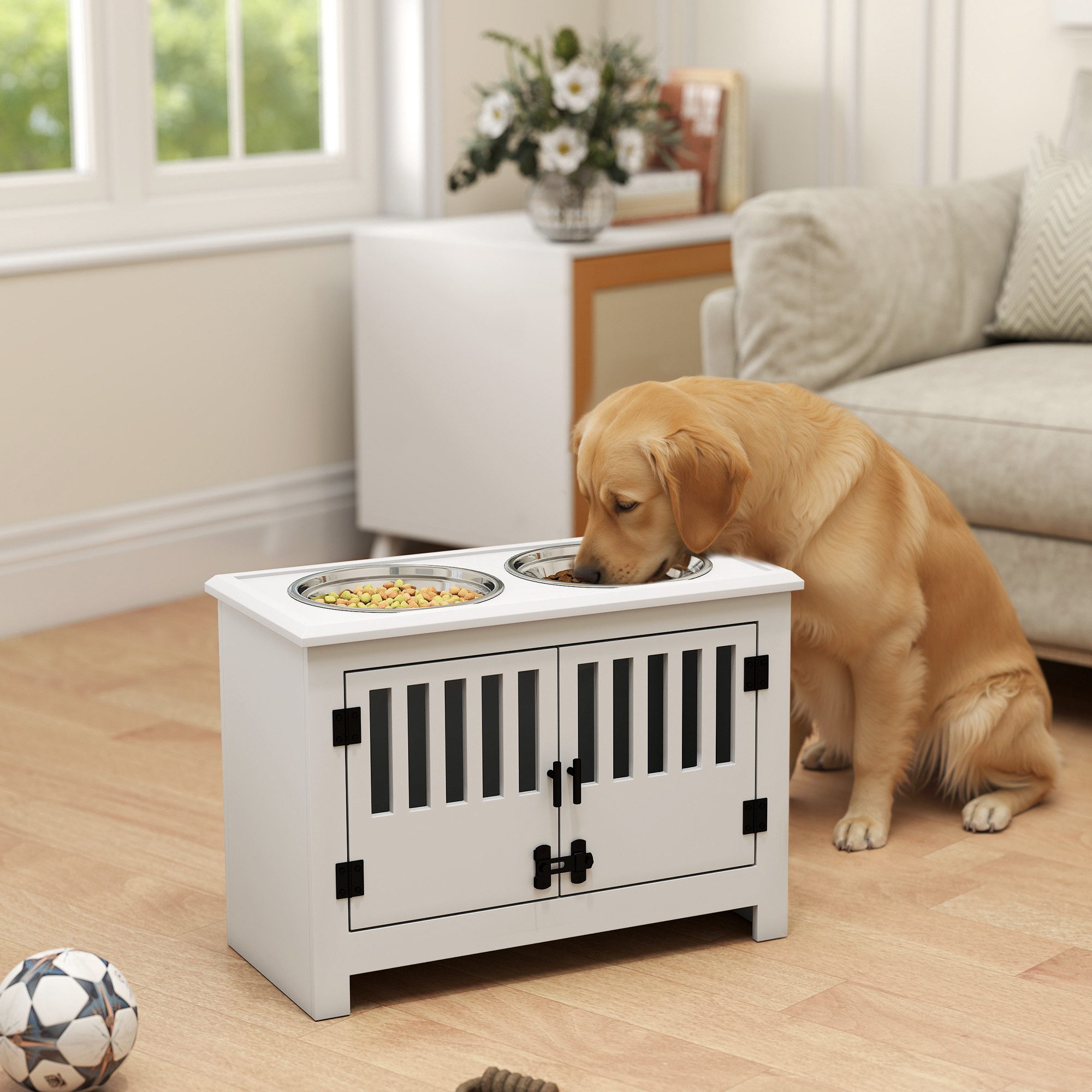 PawHut Futternapf erhöhter Fressnapf Futterstation mit Stauraum, Stahl, Weiß 60 x 30 x 43 cm