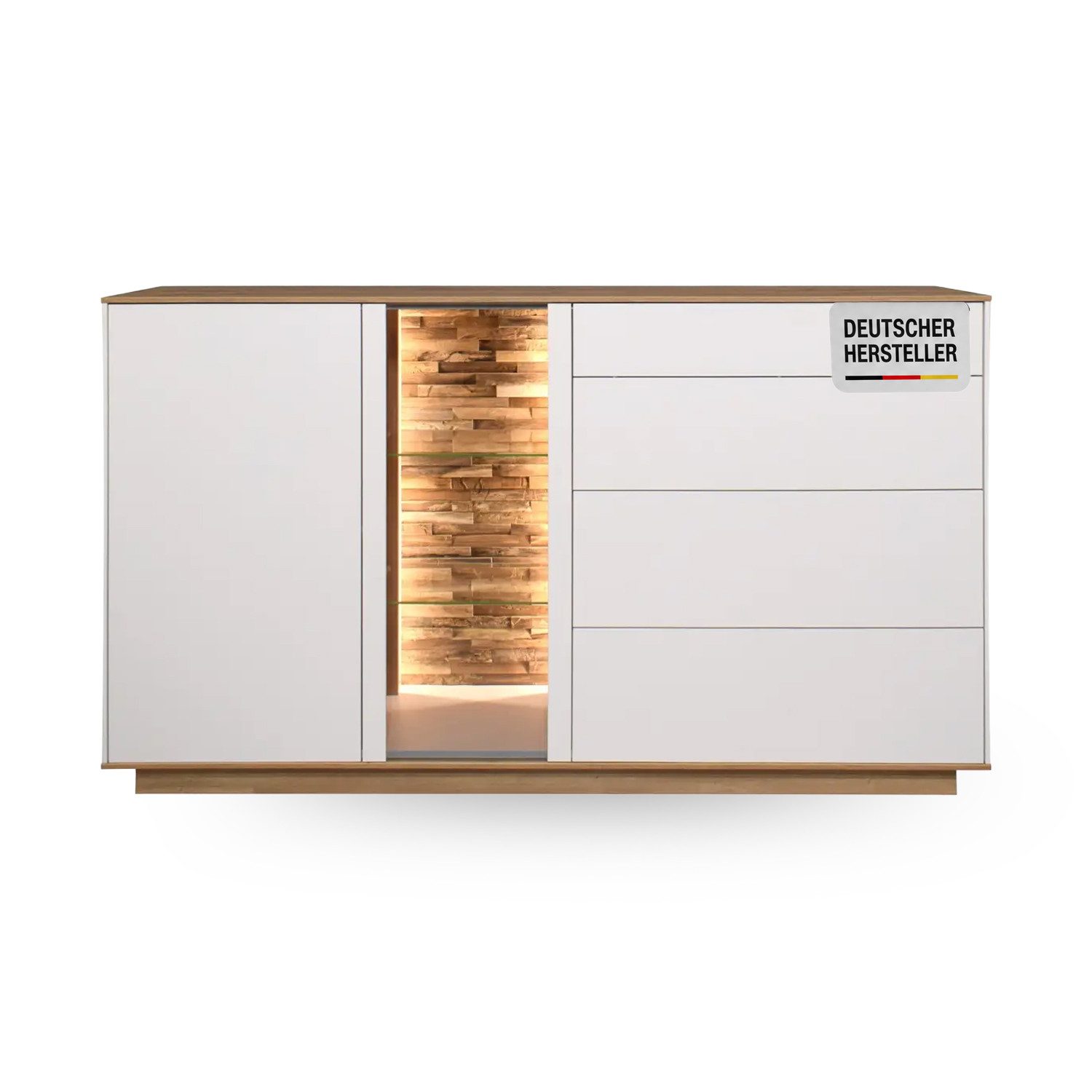Storado Sideboard Faro Sockel 169×96×42cm, Sideboard mit 2 Schubladen, Farbe wählbar, LED-Beleuchtung, Push-to-open und gedämpfte Türen