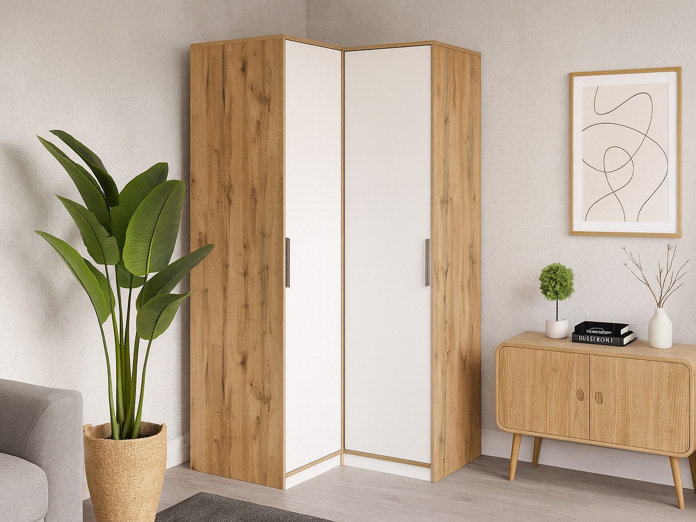 Beautysofa Eckschrank LIVO mit 2 Drehtüren, 2 Kleiderstangen und Regale, (Zur Auswahl in zwei modernen Farbkombinationen) Breite: 108 cm