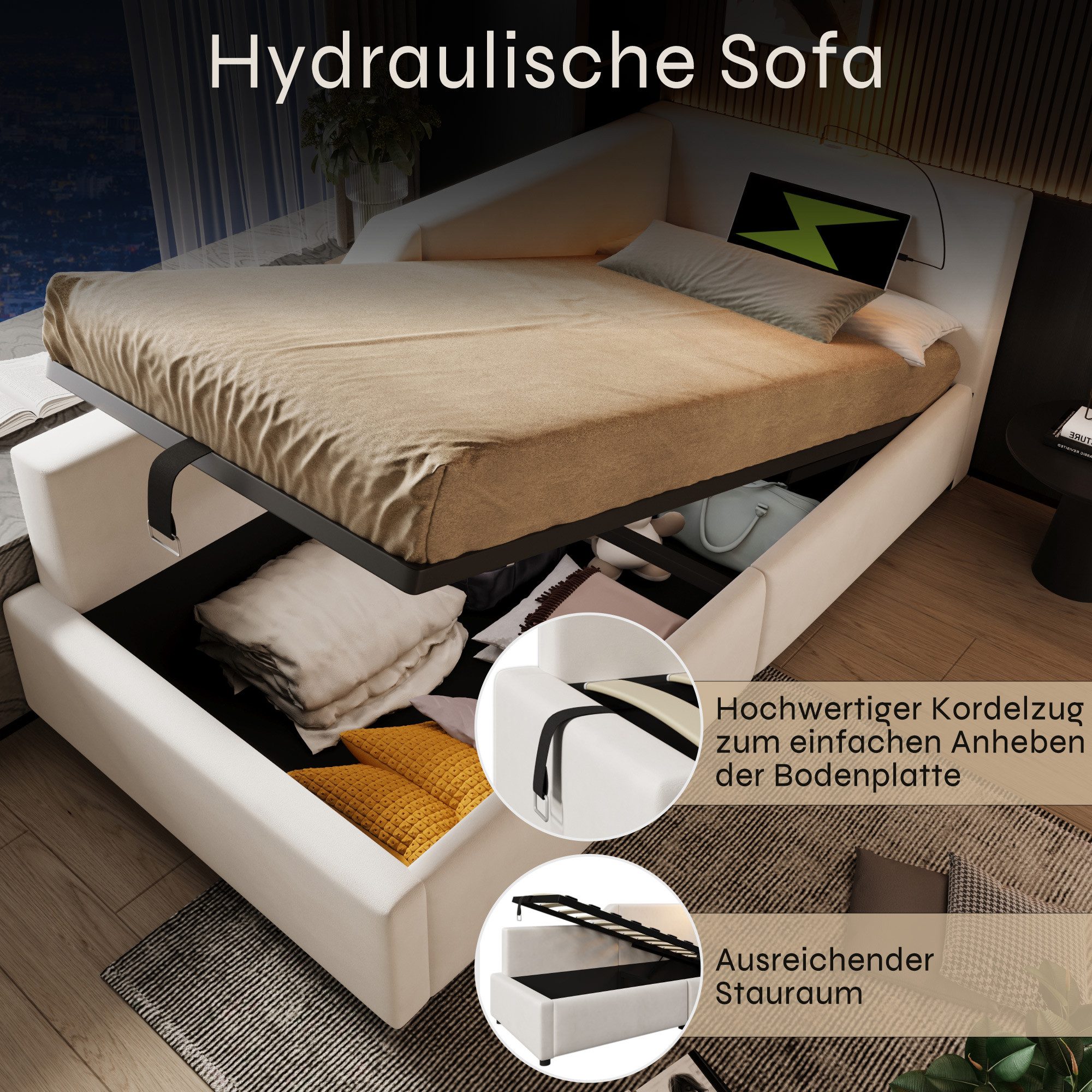 Merax Daybett mit hydraulischem Stauraum (Hydraulisches Schlafsofa Kinderbett Jugendbett Sofabett aus Samt, 1 tlg), Polsterbett Tagesbett 90x200cm mit USB-C Ladeanschluss & Leselampe