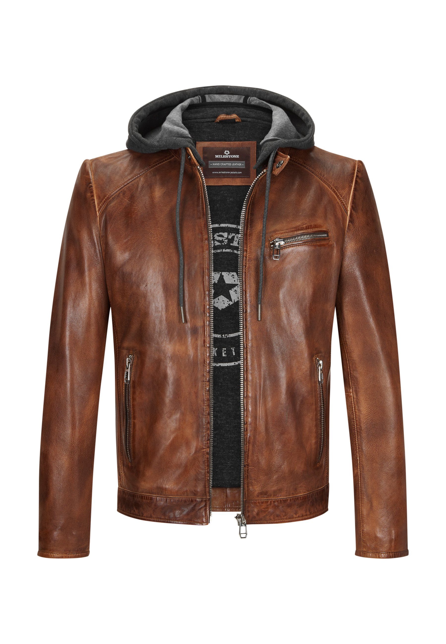 Milestone Lederjacke MSMorrison Leder Herrenjacke mit aus Lammnappa Kapuze abnehmbarer Teracotta