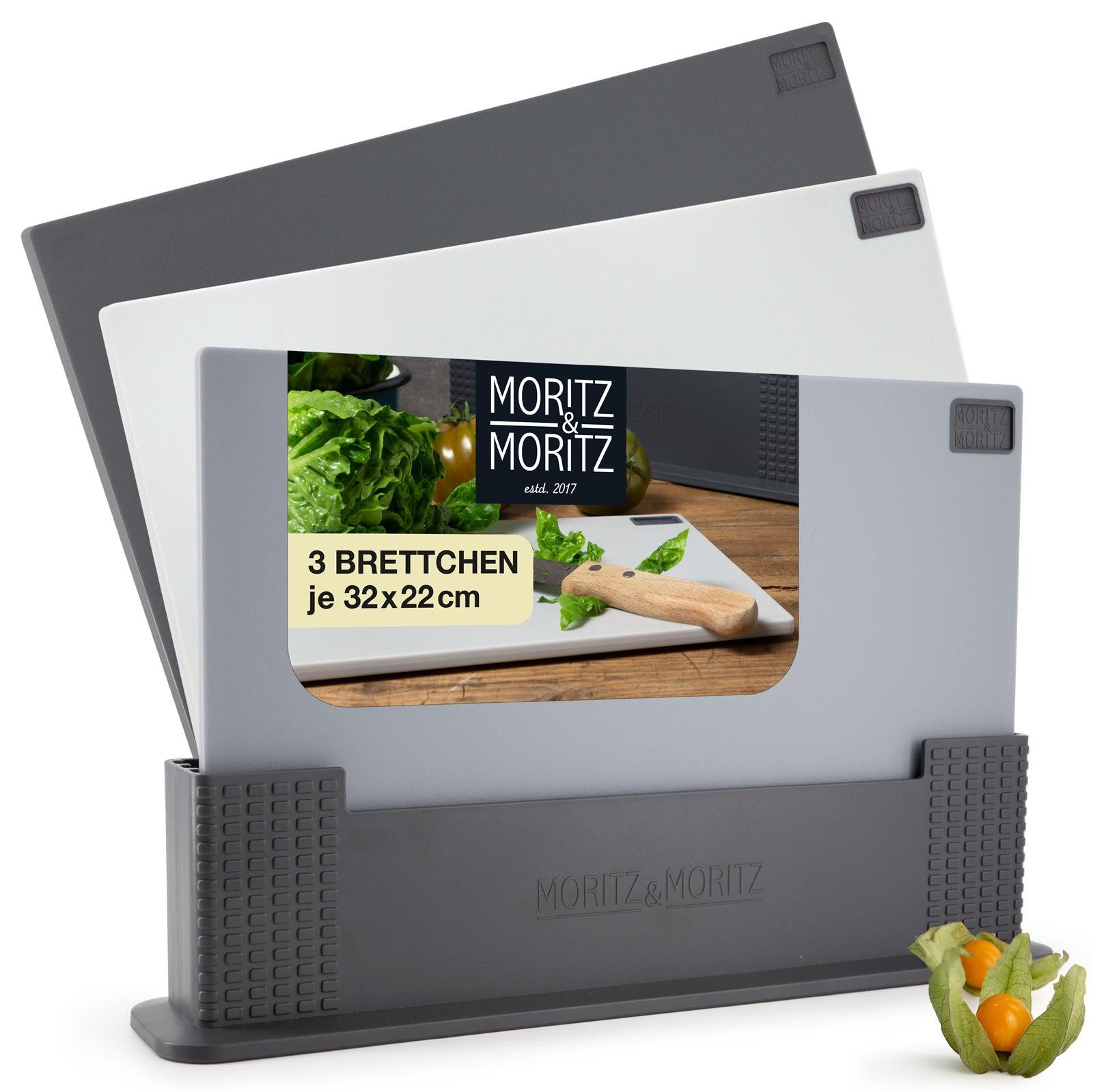 Moritz & Moritz Schneidebrett 3tlg Kunststoffbrett im Ständer, Kunststoff, (3er Set), Spülmaschinengeeignet und hygienisch