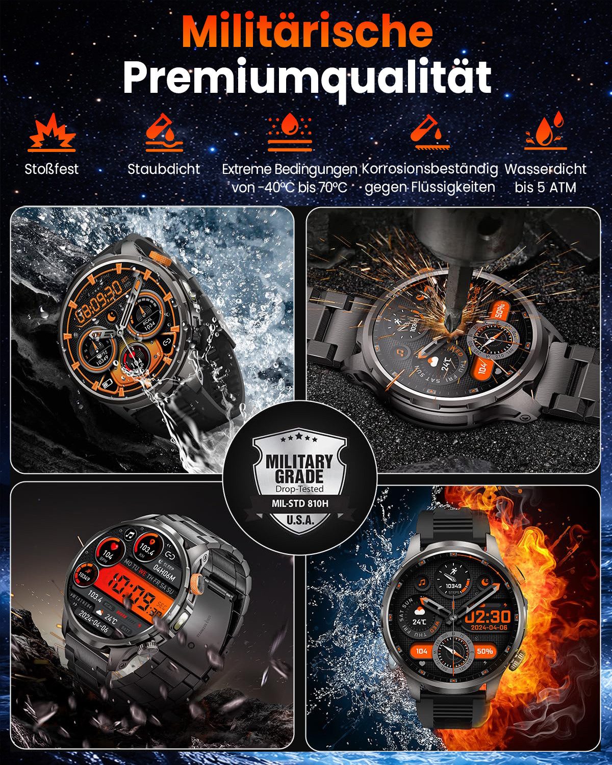 SWGOTA 2026 1000mAh Akku 1.91" AMOLED-Display Militär Smartwatch für Herren Smartwatch Herren Fur Fitnessuhr, IP68 wasserdicht, SpO2-/Herzfrequenz-/Schlafüberwachung für Android und iOS