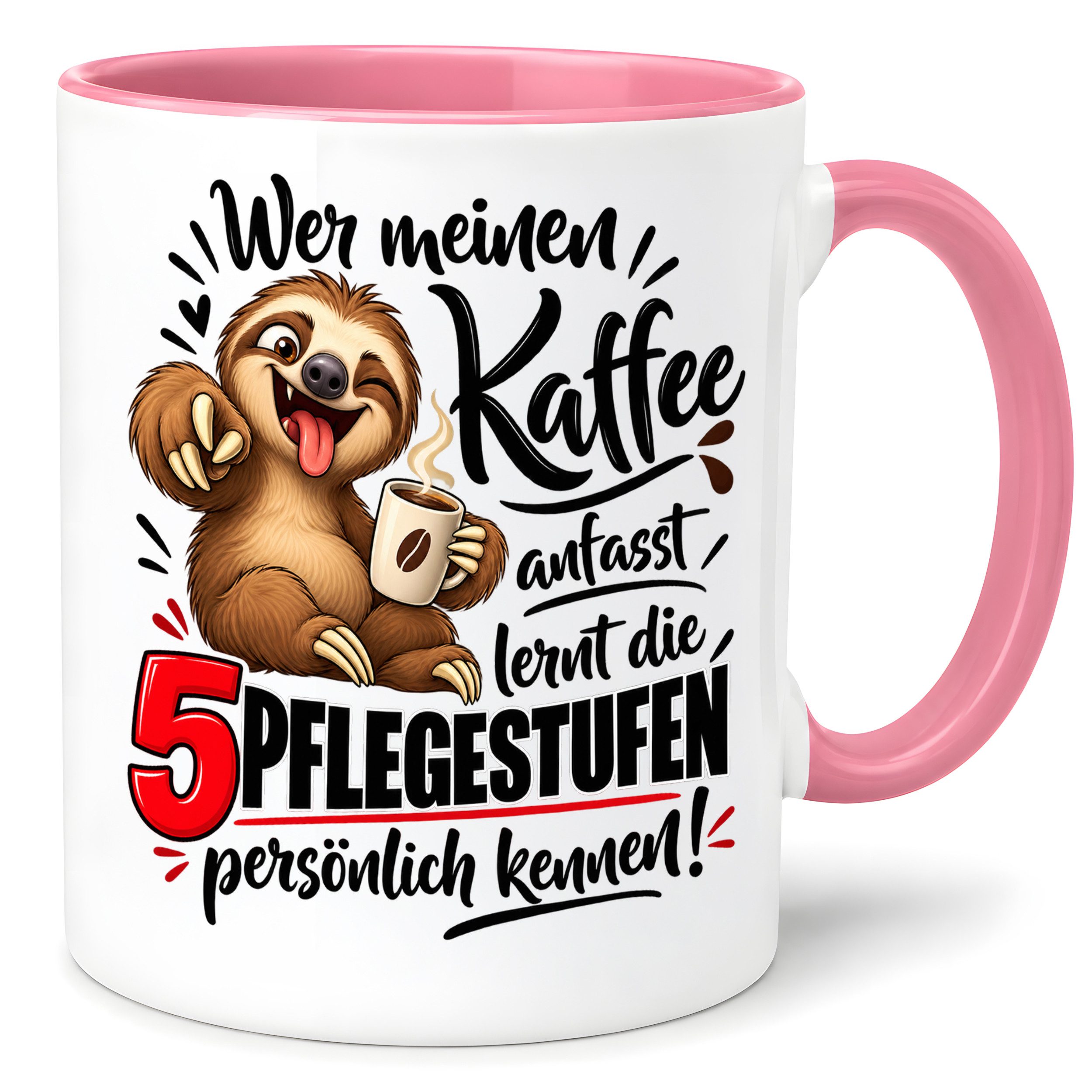 Herzbotschaft Tasse Kaffee Faultier 5 Pflegestufen Geschenk 330 ml