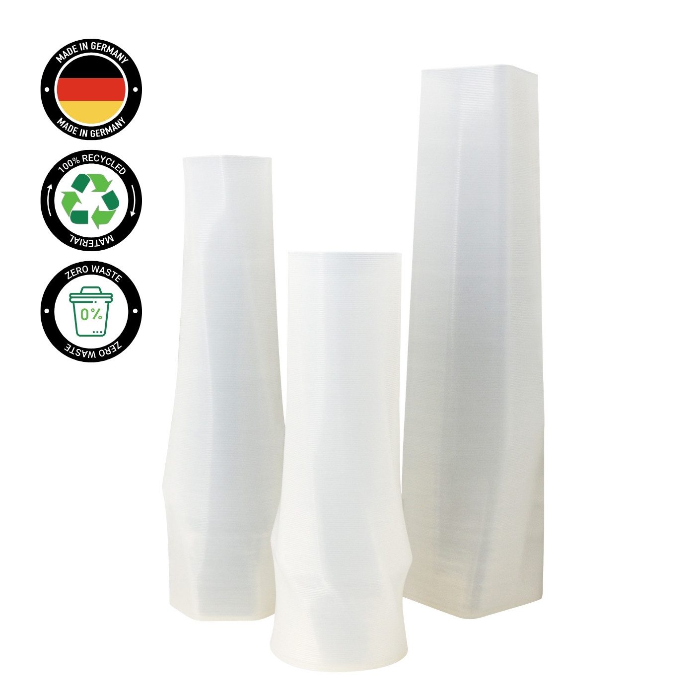 Shapes - Decorations Dekovase geometrio. (deco), 3D Vasen, 3er Set, 3D Dekovase, 100% 3D-Druck (3er Spar-Set, 3 Vasen in verschiedenen Größen), Durchsichtig; Leichte Struktur innerhalb des Materials (Rillung)
