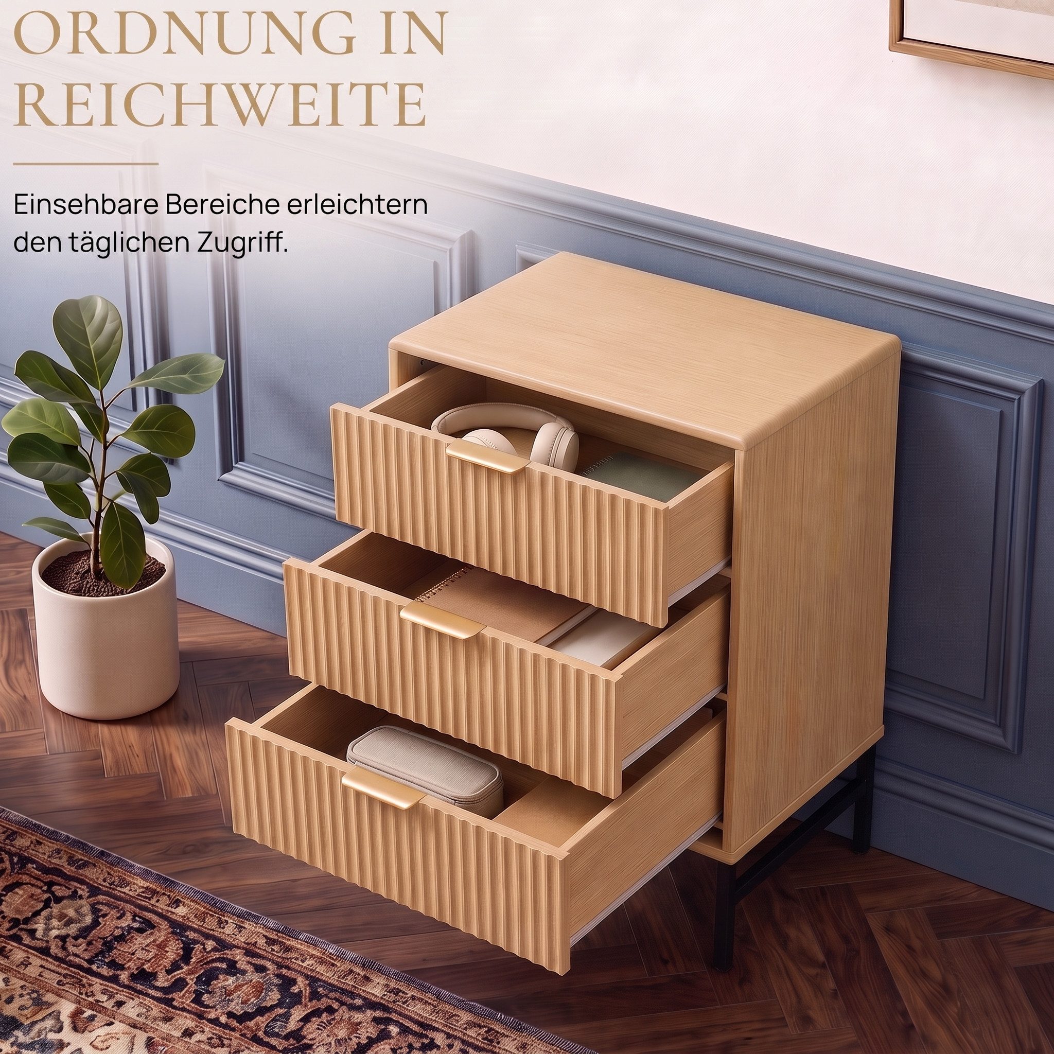 Jiexi Kommode Kommode mit 3 Schubladen 60x40cm Rillendesign Metallgestell – Bild 2 von 5