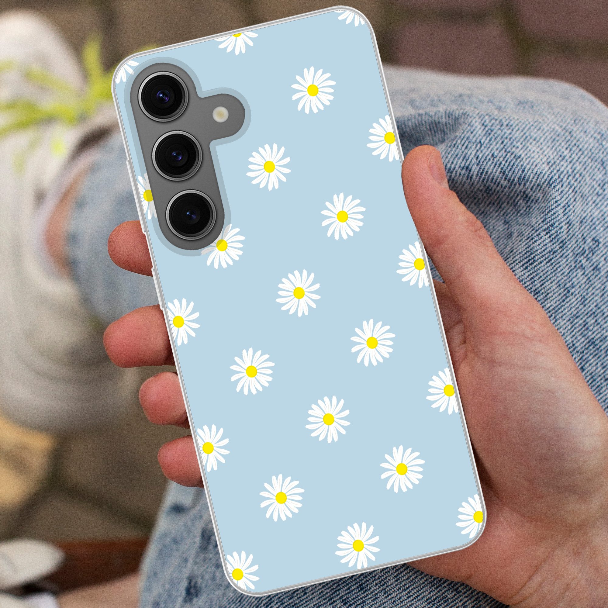 MuchoWow Handyhülle für Samsung Galaxy S24 Gänseblümchen - Pastell - Weiß - Blau - Blumen, Phone Case, Silikon, Schutzhülle Dünn