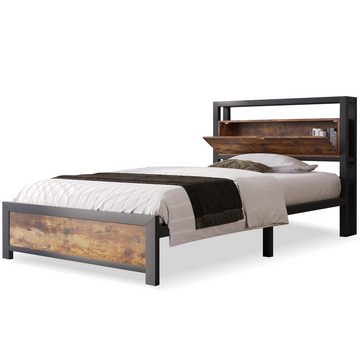 Gotagee Metallbett Metallbett Jugendbett Einzelbett Stauraum-Kopfteil Bettgestell Schwarz