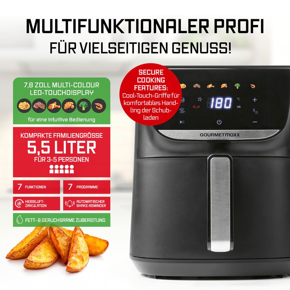 GOURMETmaxx Heißluftfritteuse AirGenius Airfryer 5,5l, 7 Programme,  Shaker Reminder, 1500 W, mit 7,8 Zoll Multi-Colour LED-Touchdisplay