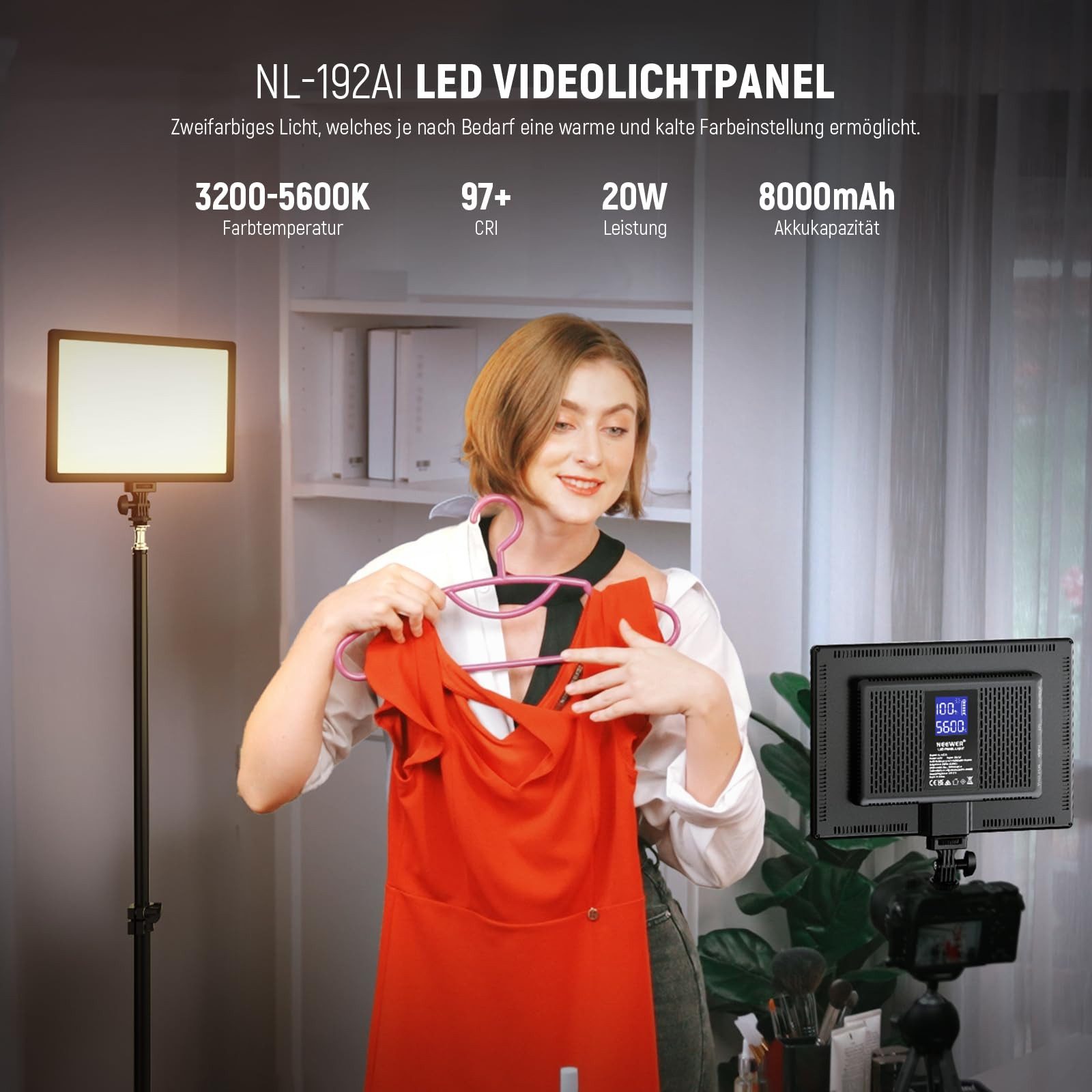 Neewer Videoleuchte NL-192AI 192 LED Panel Videolicht 20W, CRI97+, 3200-5600K, 8000mAh, Bi Farbe Dimmbar DSLR Kamera Soft Light für Studiofotografie Streaming