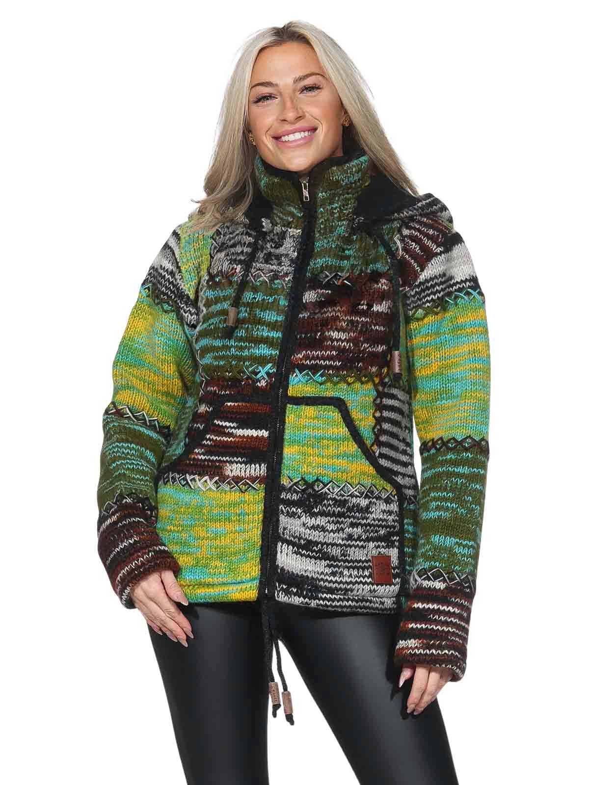 KUNST UND MAGIE Strickjacke Damen Strickjacke Wolle Bunte Patchwork Jacke Zipfelkapuze Hochkragen