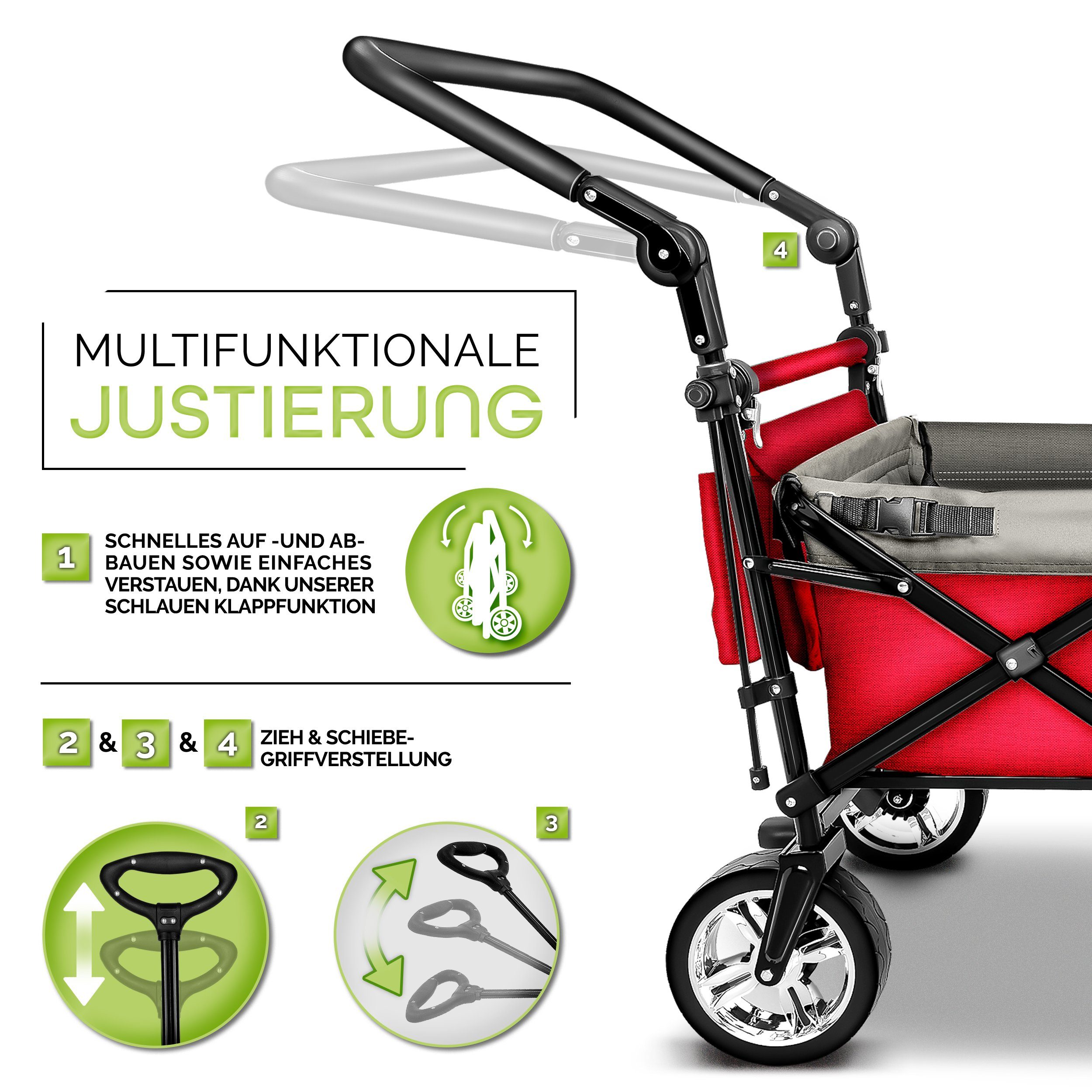 mit faltbar (Gartenwagen 2x3-Punkt 80 Vollgummi-Reifen), Vorder- und Gurtsystem + Dach Bollerwagen Transportwagen Rot + klappbar bis Handwagen Hinter-Bremse kg Tragetasche mit mit TRESKO