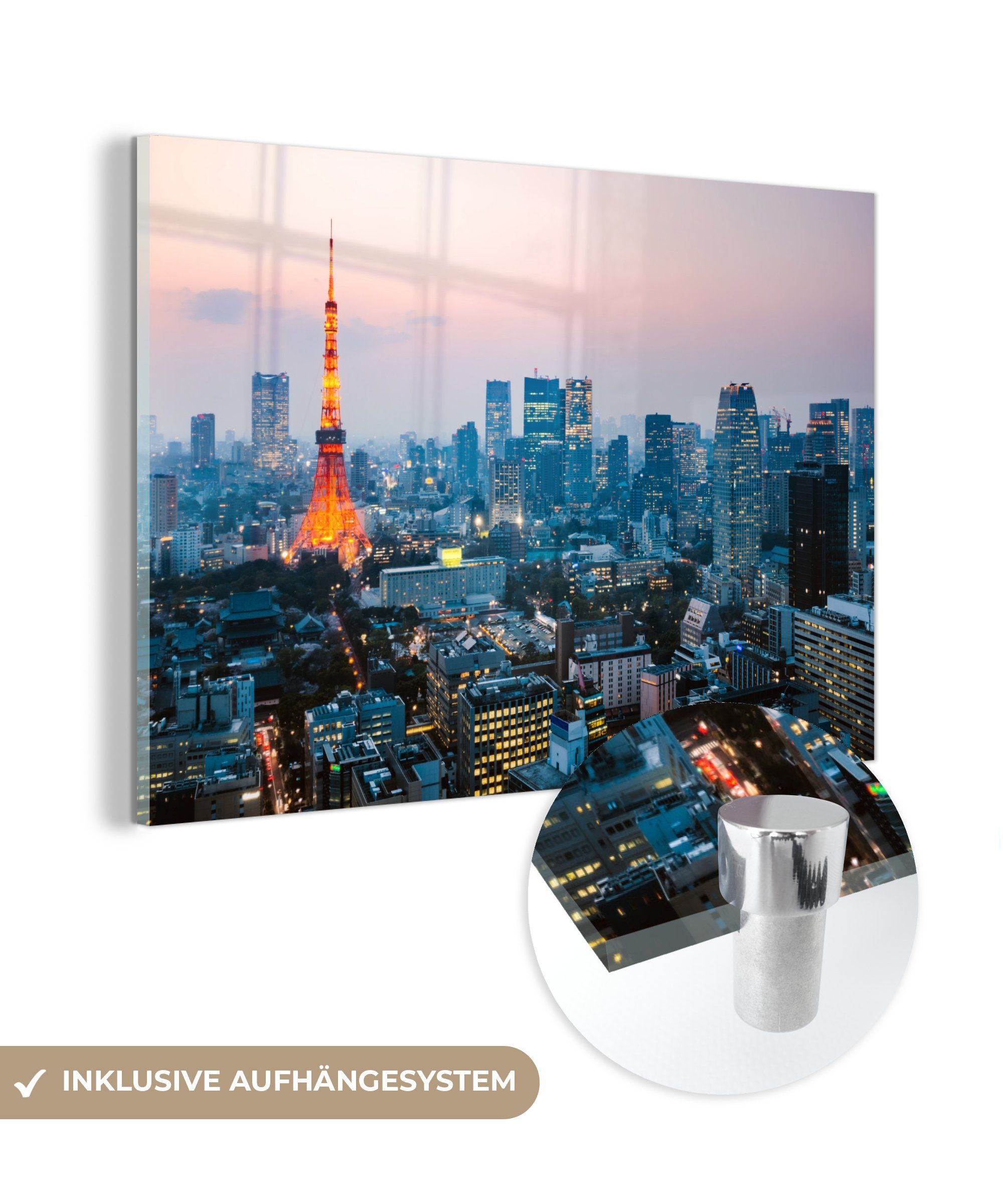 von MuchoWow Acrylglasbilder Schlafzimmer St), Wohnzimmer & (1 Tokio, Skyline Acrylglasbild