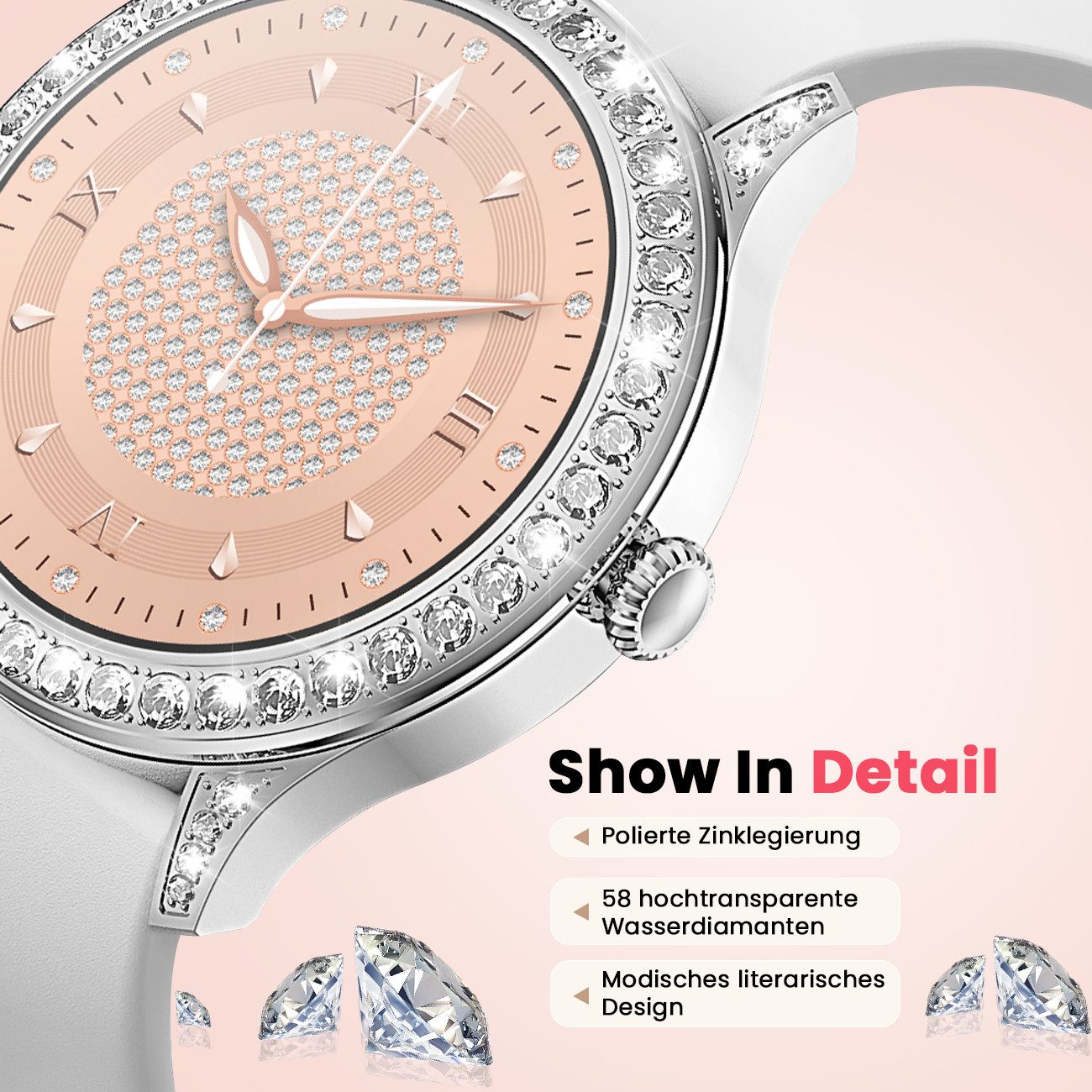ANYSUN Smartwatch Damen mit Bluetooth-Anru/ mit 58 Diamanten Smartwatch (1,27 Zoll) Fitness Tracker Uhr für Damen Herren mit Schlafmonitor, IP68 Wasserdicht/120+ Sportmodi/Damen-Sportuhr für Android iOS