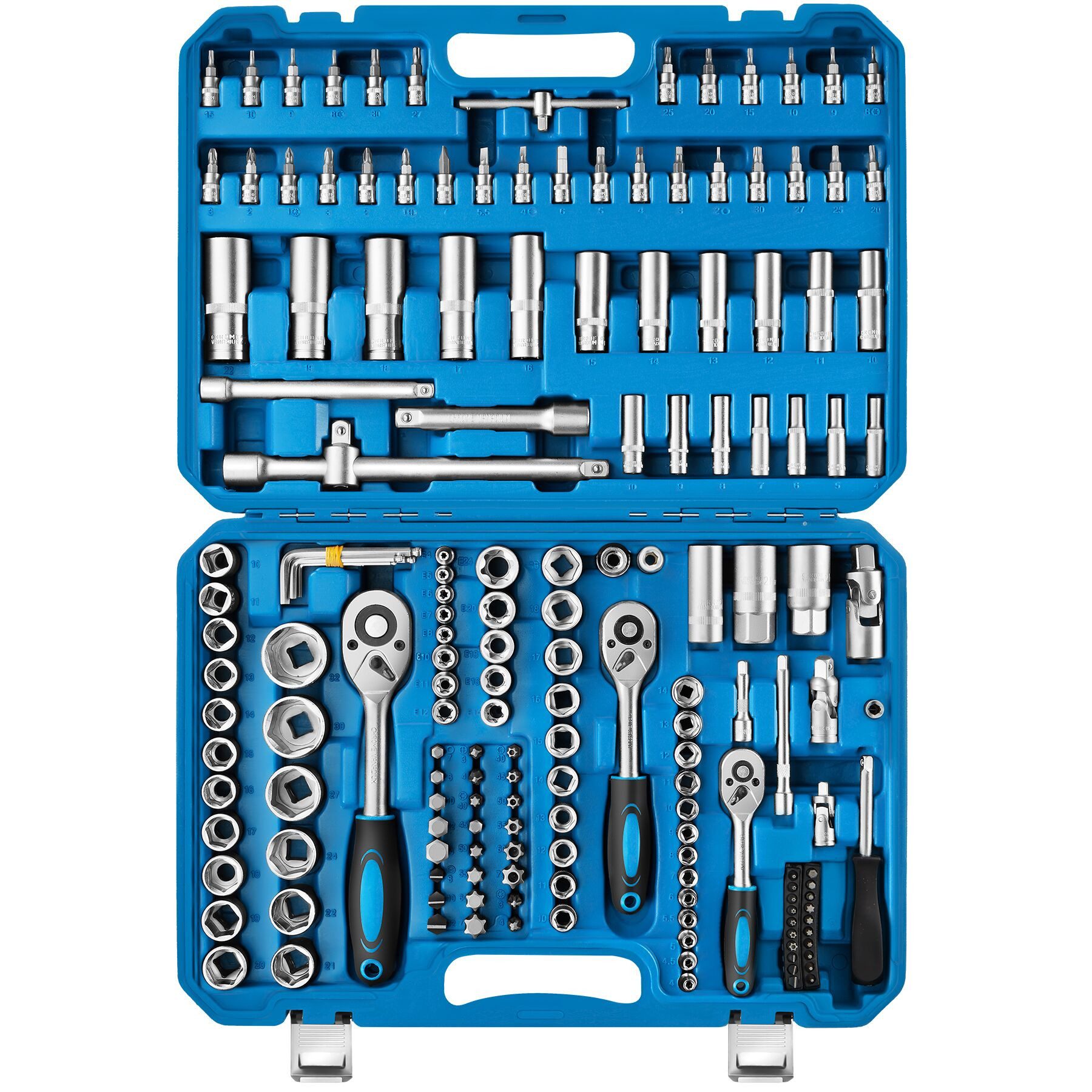 tectake Steckschlüssel Werkzeugkoffer, übersichtliche Anordnung im Kunststoffkoffer (Schraubenschlüssel, 1 St., 171-teilig in blau), aus Chrom Vanadium Stahl mit Kodierung und Kugelfangrille