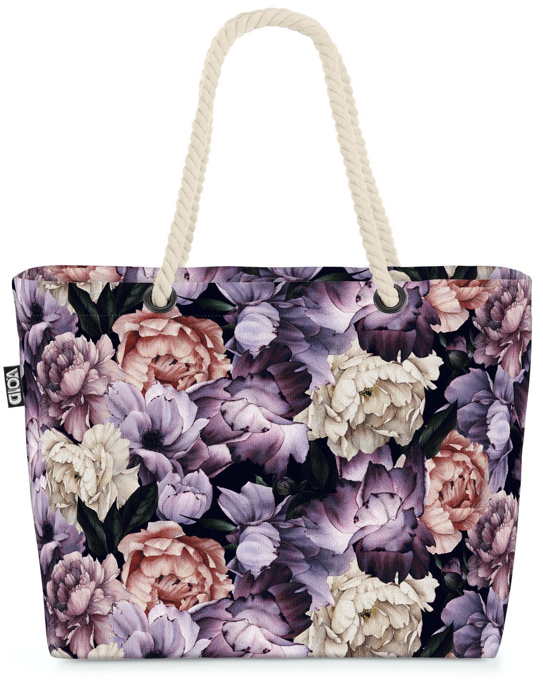 VOID Strandtasche (1-tlg), Lila Blumen Pfingstrosen Beach Bag Floral Blüten romantisch Blätter Wiese