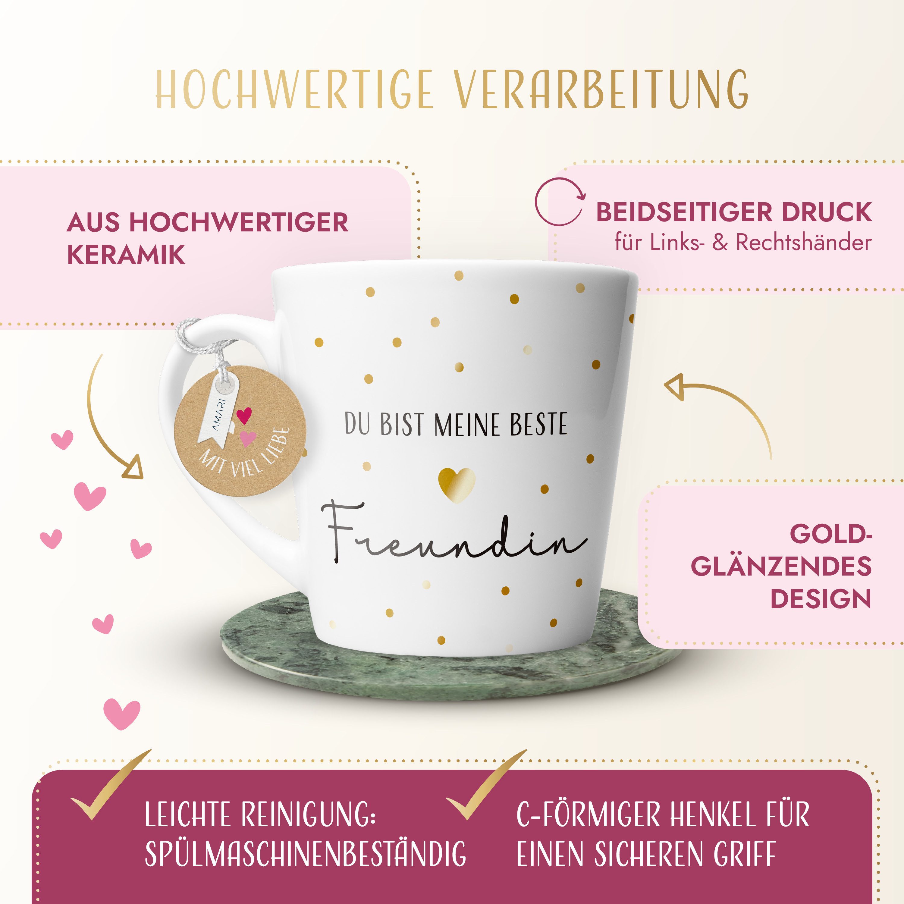 Amari Tasse Beste Freundin Spruch Gold, Geschenk beste Freundin Dankeschön, 1-tlg., Keramik, Kaffeetasse Teetasse 330 ml Geschenkbox Geburtstag Freundschaft – Bild 3 von 5