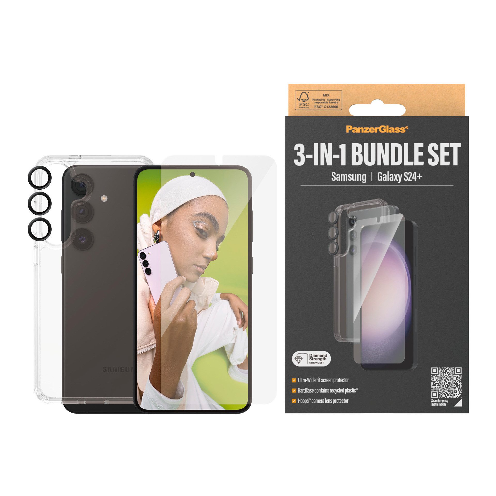 PanzerGlass Displayschutzglas 3-in-1 Bundle Set für Samsung Galaxy S24 Plus, Set, 3 Stück, Displayschutzfolie, Schutzfolie, Bildschirmschutz, kratz- & stoßfest