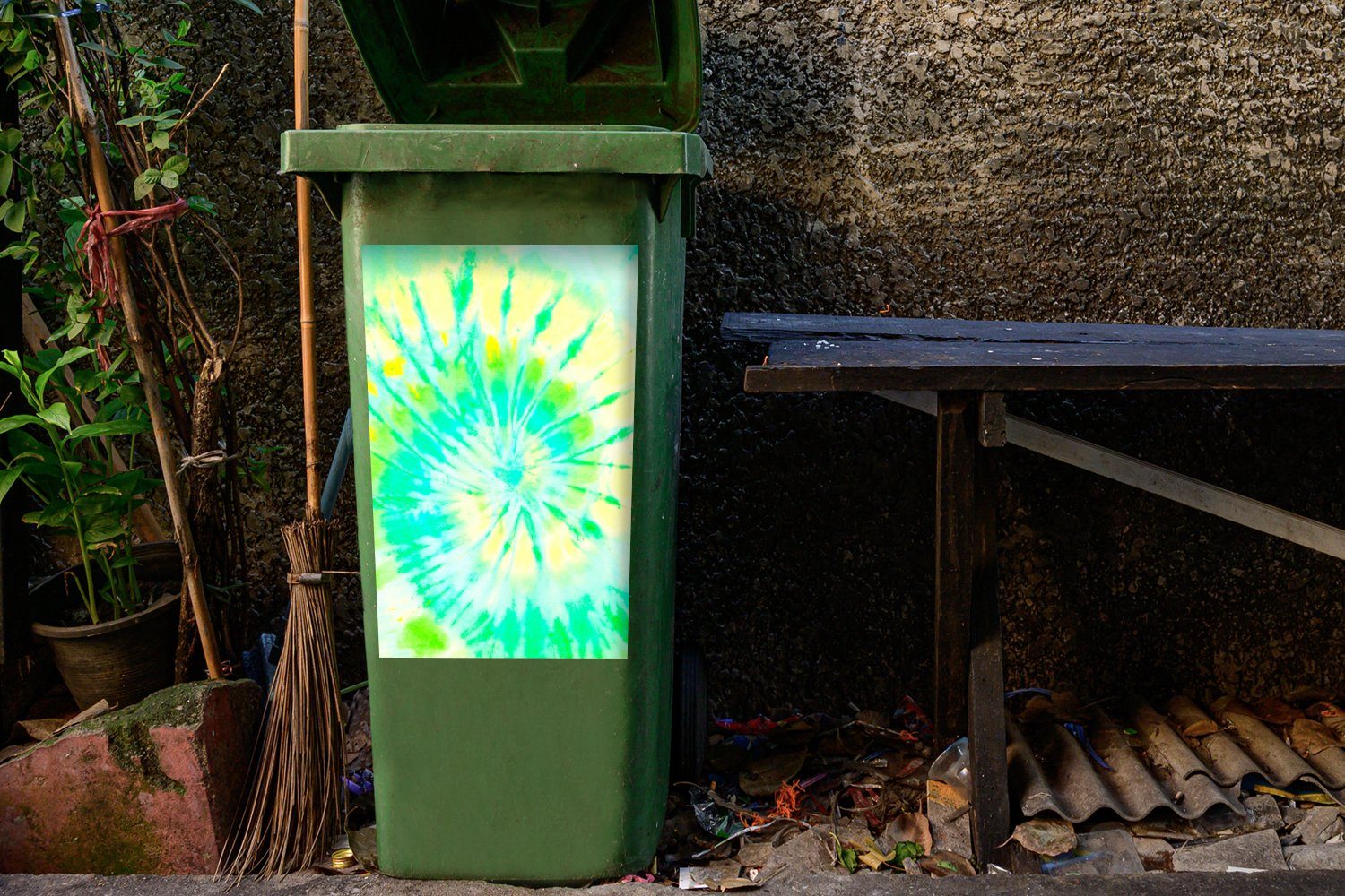 Grün Krawattenfärbung - Wandsticker Sommer St), Mülleimer-aufkleber, (1 Abfalbehälter Container, - - Gelb MuchoWow Sticker, Mülltonne,