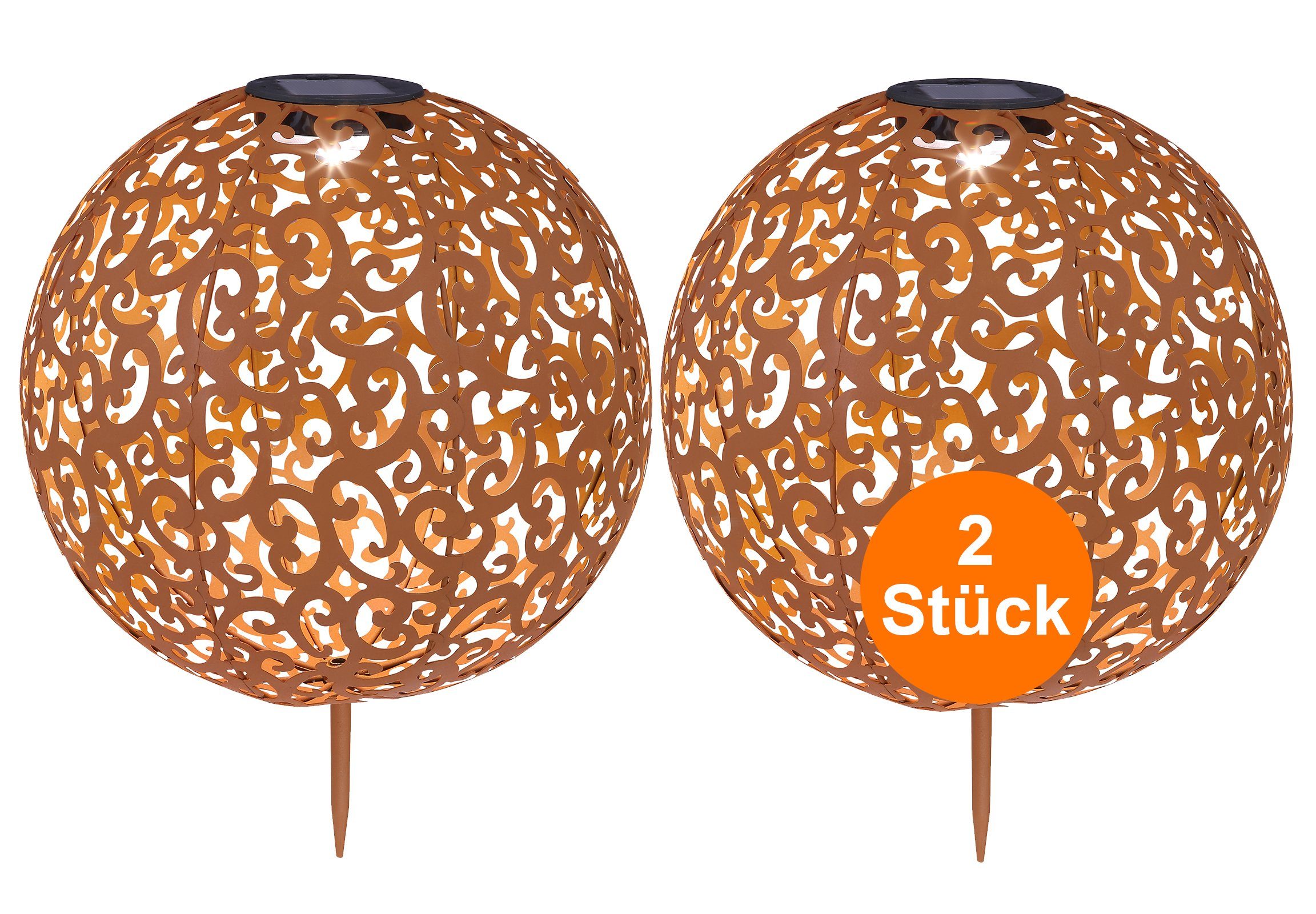 bmf-versand LED Solarleuchte Solarleuchten Garten 2er Set Kugel Metall Rostoptik Solarlampe Außen, Rost farben, LED fest integriert, Warmweiß, Solarkugel