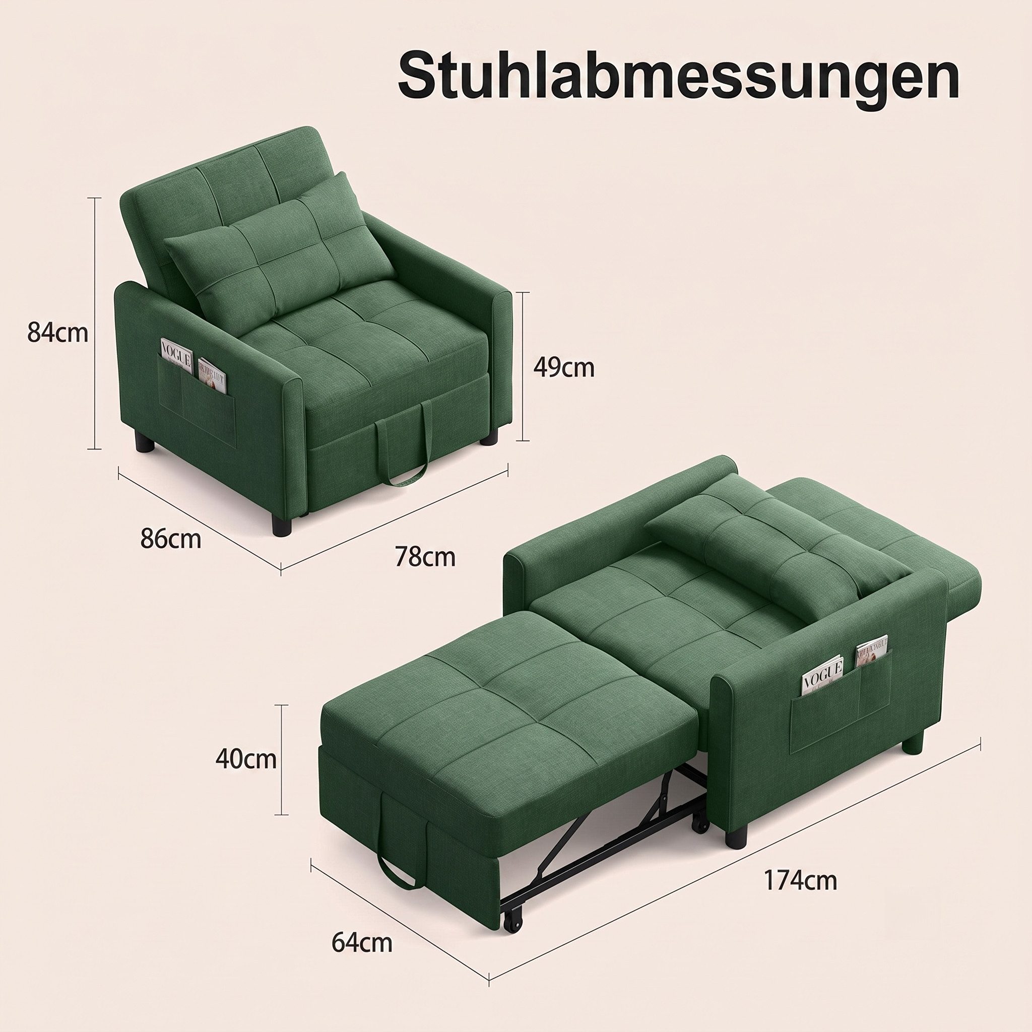 Blishom Relaxsessel 3-in-1 Schlafsessel Schlafsofa Klappbett Relaxsessel 78x86x84 cm, multifunktionaler Sessel zum Ausziehen als Gästebett