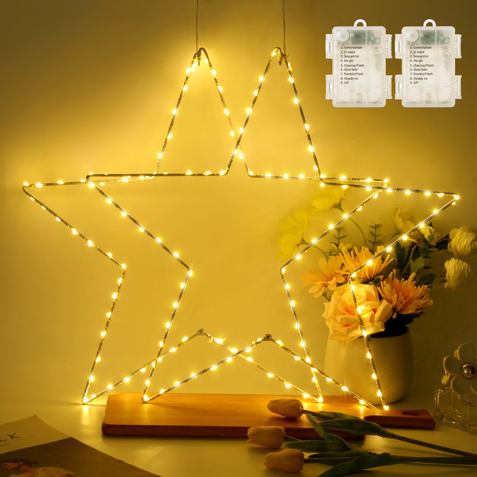 Elegear LED Stern 50cm Drahtstern, Weihnachtsdeko, mit Timer batterie, 8 modi, LED wechselbar, Tageslichtweiß, bunt, Sterne aus Mentall mit Lichterkette