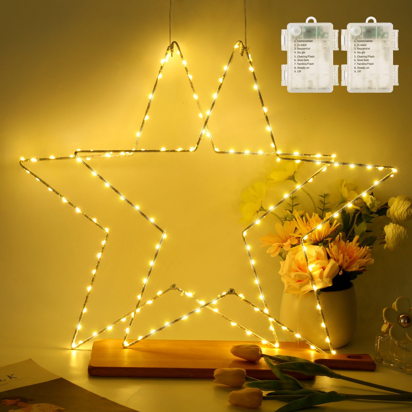 Quntis LED Stern 50cm Drahtstern, Weihnachtsdeko, mit Timer batterie, 8  modi, Tageslichtweiß, bunt, Sterne aus Mentall mit Lichterkette
