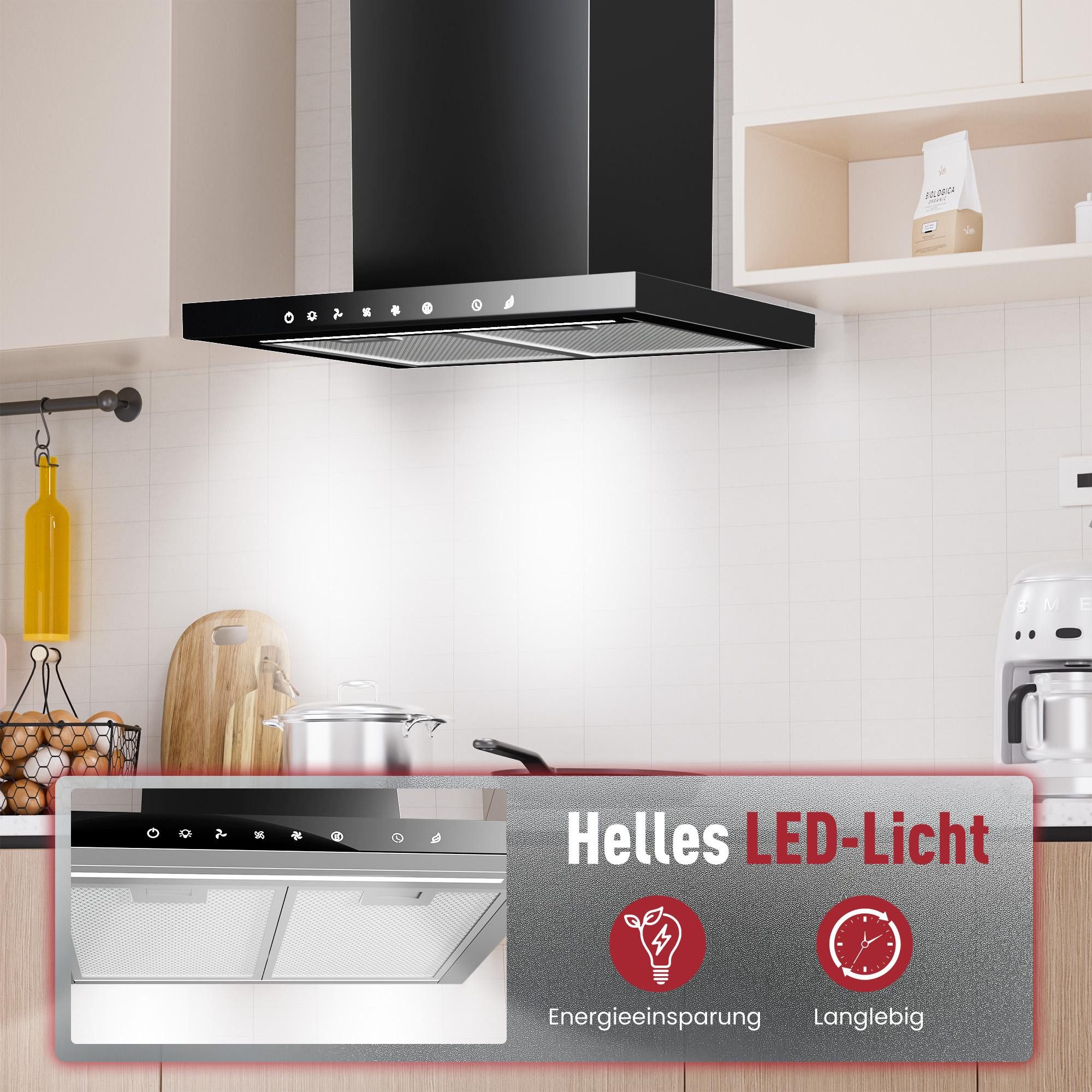 Levivo Wandhaube A+++ Dunstabzugshaube 60cm Umluft & Abluft mit 750 m³/h Aktivkohlefiltern, Fettfiltern, LED-Beleuchtung – Bild 4 von 5