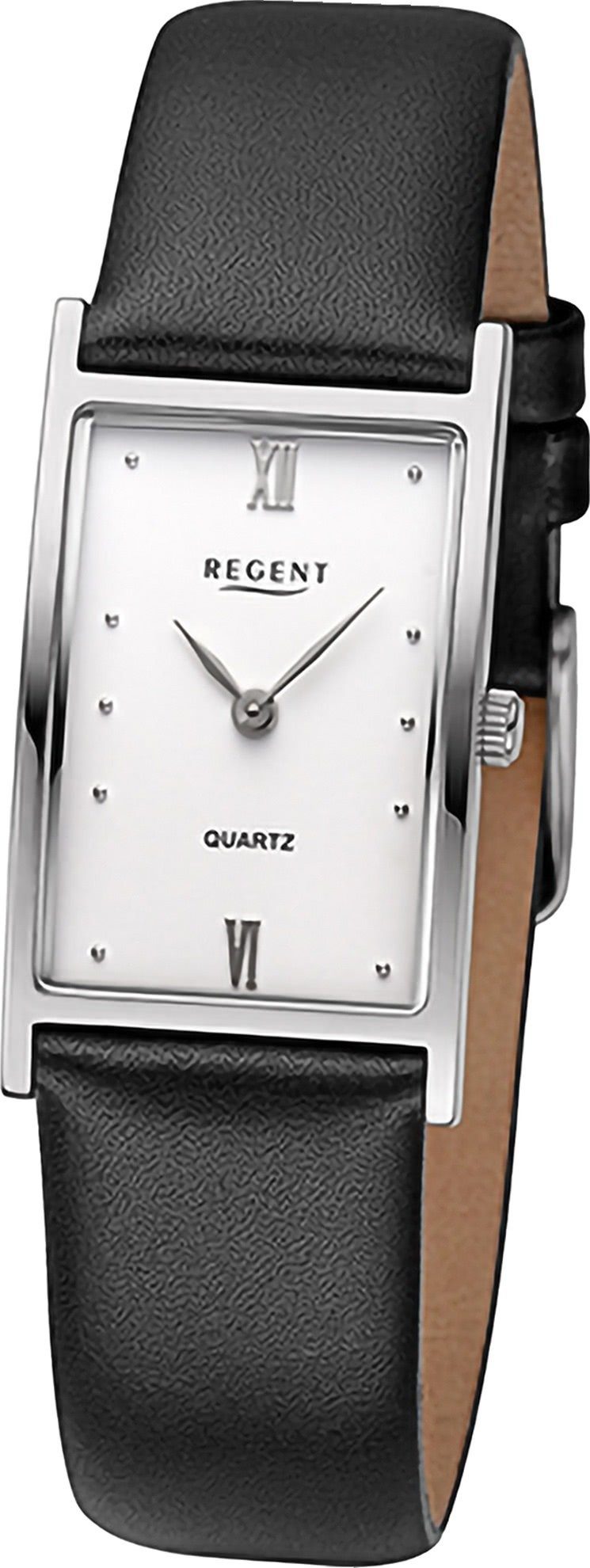 Regent Quarzuhr Regent Damen Armbanduhr Analog, Damenuhr Lederarmband schwarz, rundes Gehäuse, groß (ca. 21x30mm)