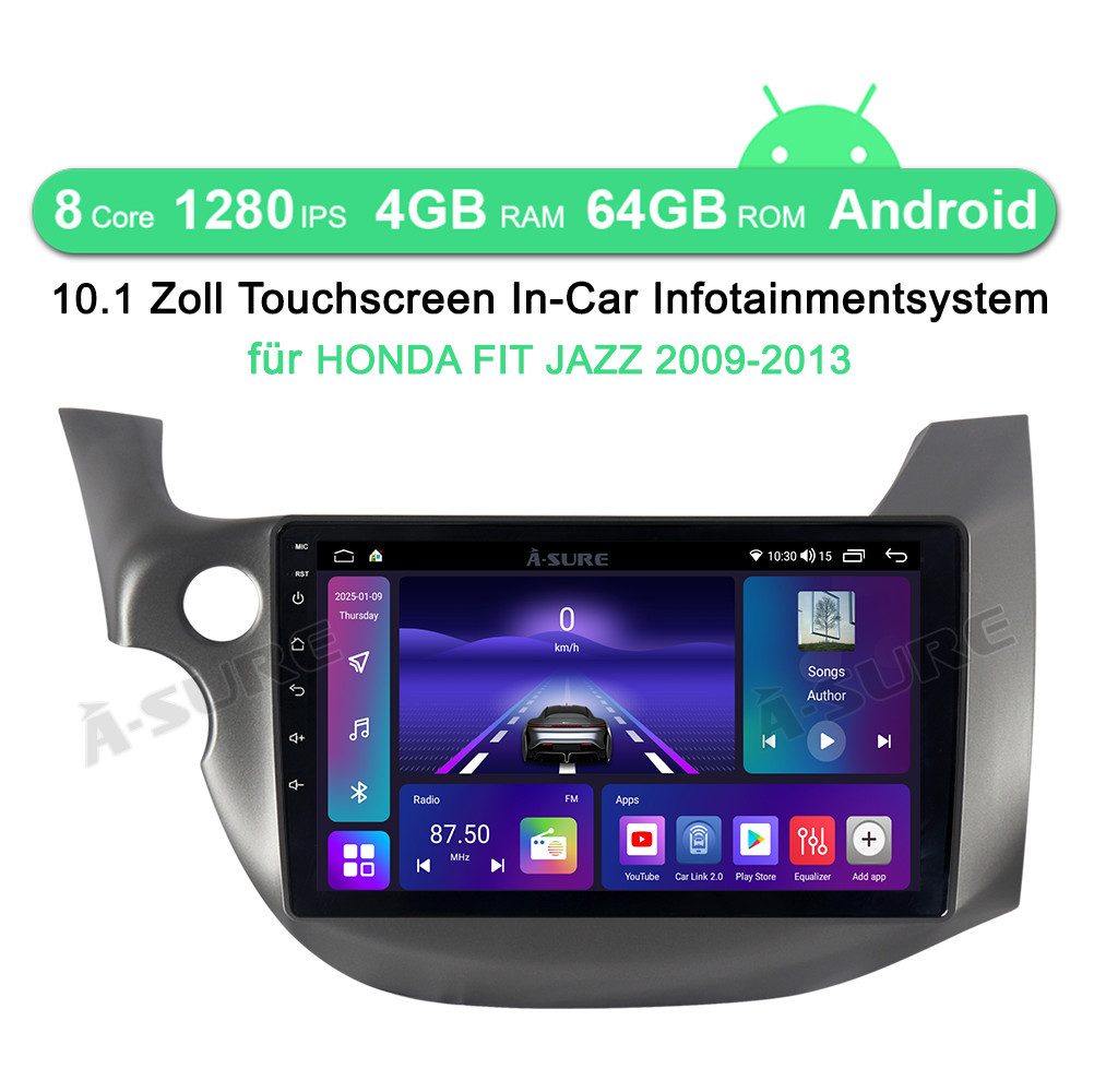 A-Sure Autoradio Android 15 Carplay GPS Navi Für Honda Fit Jazz 2009-2013 Autoradio (Digitalradio (DAB), 4 CORE, 8 CORE, FM, AM)