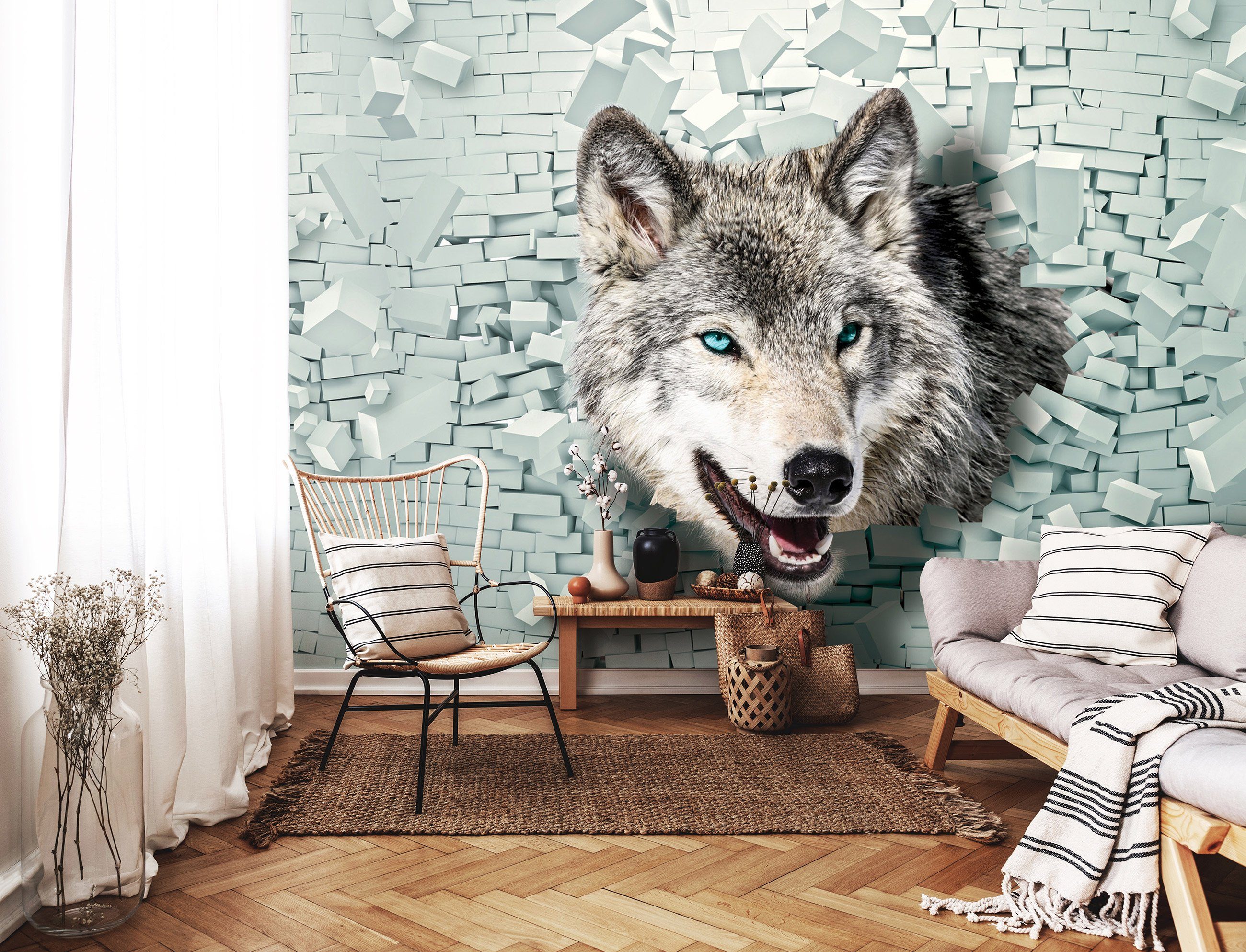 Glatt, Fototapete Motivtapete, oder 3D-Optik, Kleister Wolf Wand Tiere Loch EFFEKT Wohnzimmer Ziegel Vlies Wallarena Vliestapete inklusive Tapete 3D Schlafzimmer für Vliestapete Wandtapete