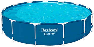 Bestway Framepool Steel Pro™ (Set), Frame Pool mit Filterpumpe Ø 396x84 cm, dunkelblau