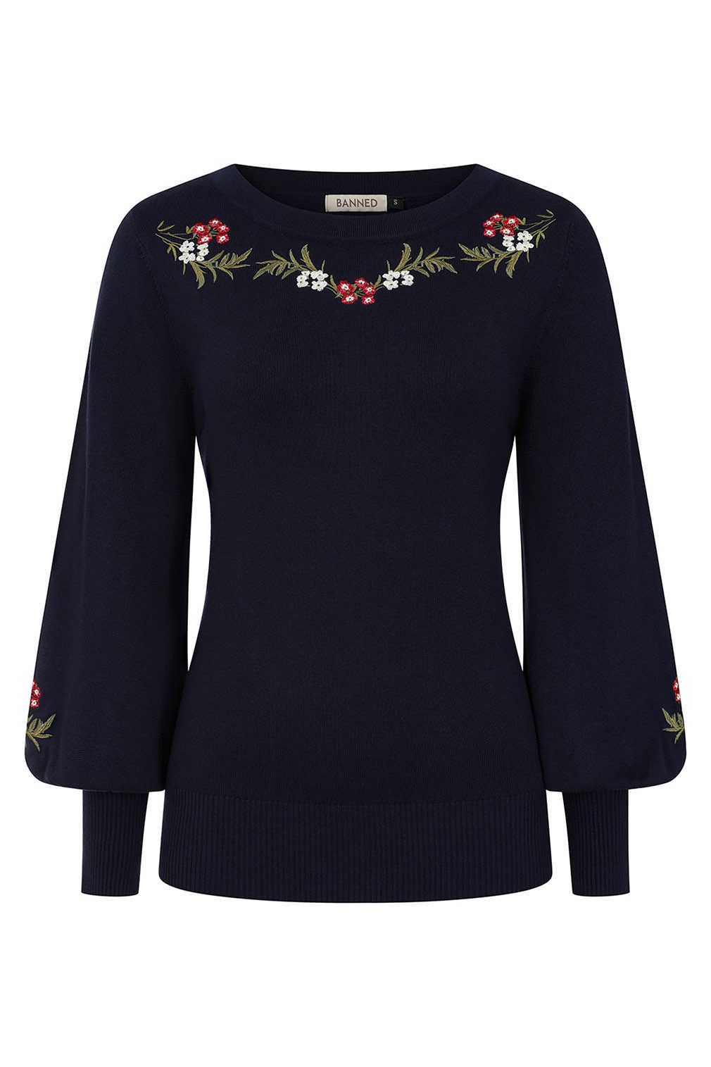 Banned Strickpullover Carla Romantic Floral Dunkelblau Vintage Rockabilly B günstig online kaufen