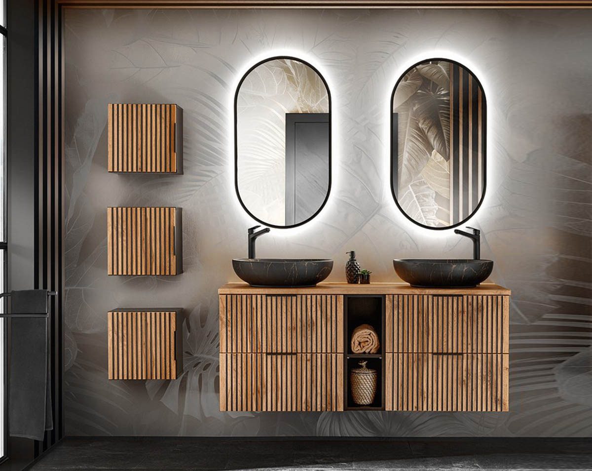 einfachgutemoebel Waschtisch-Set Bad Set 6-teilig TRIBUNE 140cm, Becken black, Schwarz - Wotan-Eiche, (Badmöbel Set, 1-St., Waschtisch SET 6-teilig)