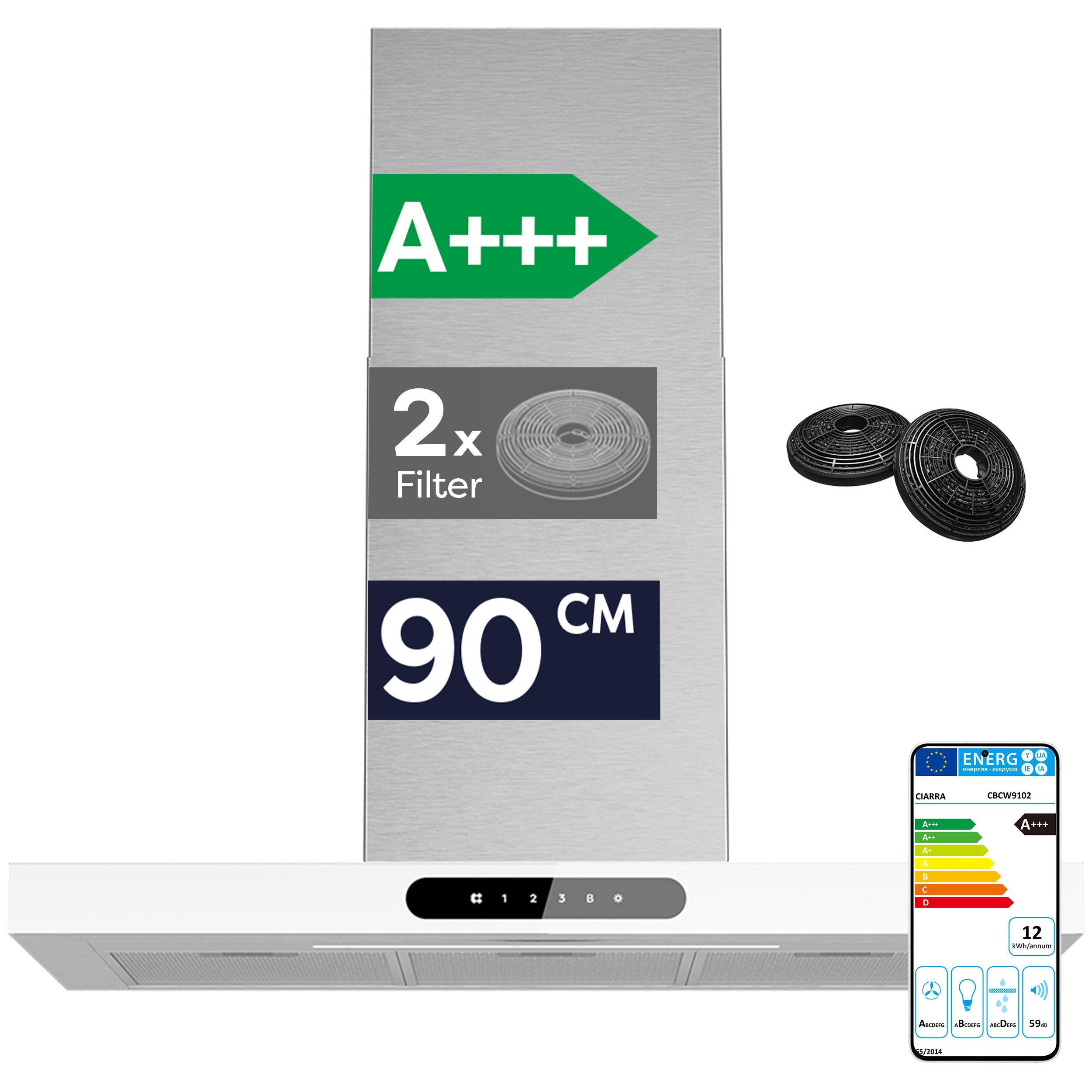 CIARRA Wandhaube VM9102W Serie CIARRA Dynamic VM9102W, A+++ 650m³/h Dunstabzugshaube 90 cm Abzugshaube App SensorTouch