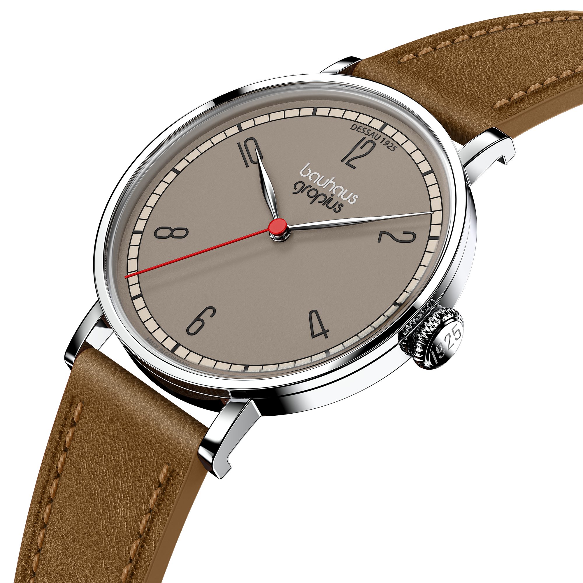 Walter Gropius Quarzuhr Made in Germany, Damenuhr, Herrenuhr, Unisex, Saphirglas - WGN 003-02, Armbanduhr, Lederarmband, Edelstahlgehäuse, New Bauhaus Dessau 1925