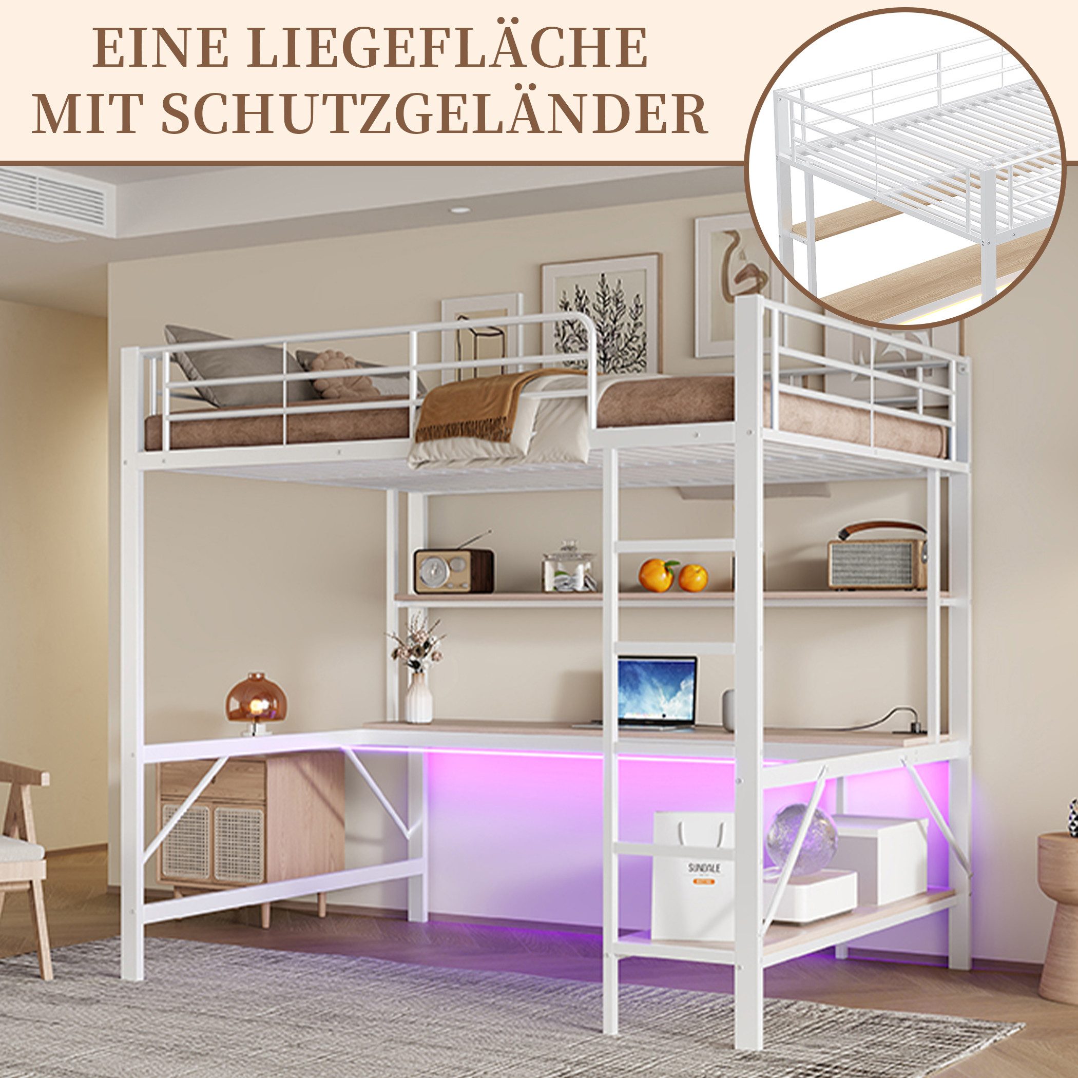 SeedWave Hochbett Vielseitige LED Hochbett Einzelbett mit Schreibtisch, 90/140 x 200cm Mit 2 Regalen, 5-Stufige vertikale Leiter