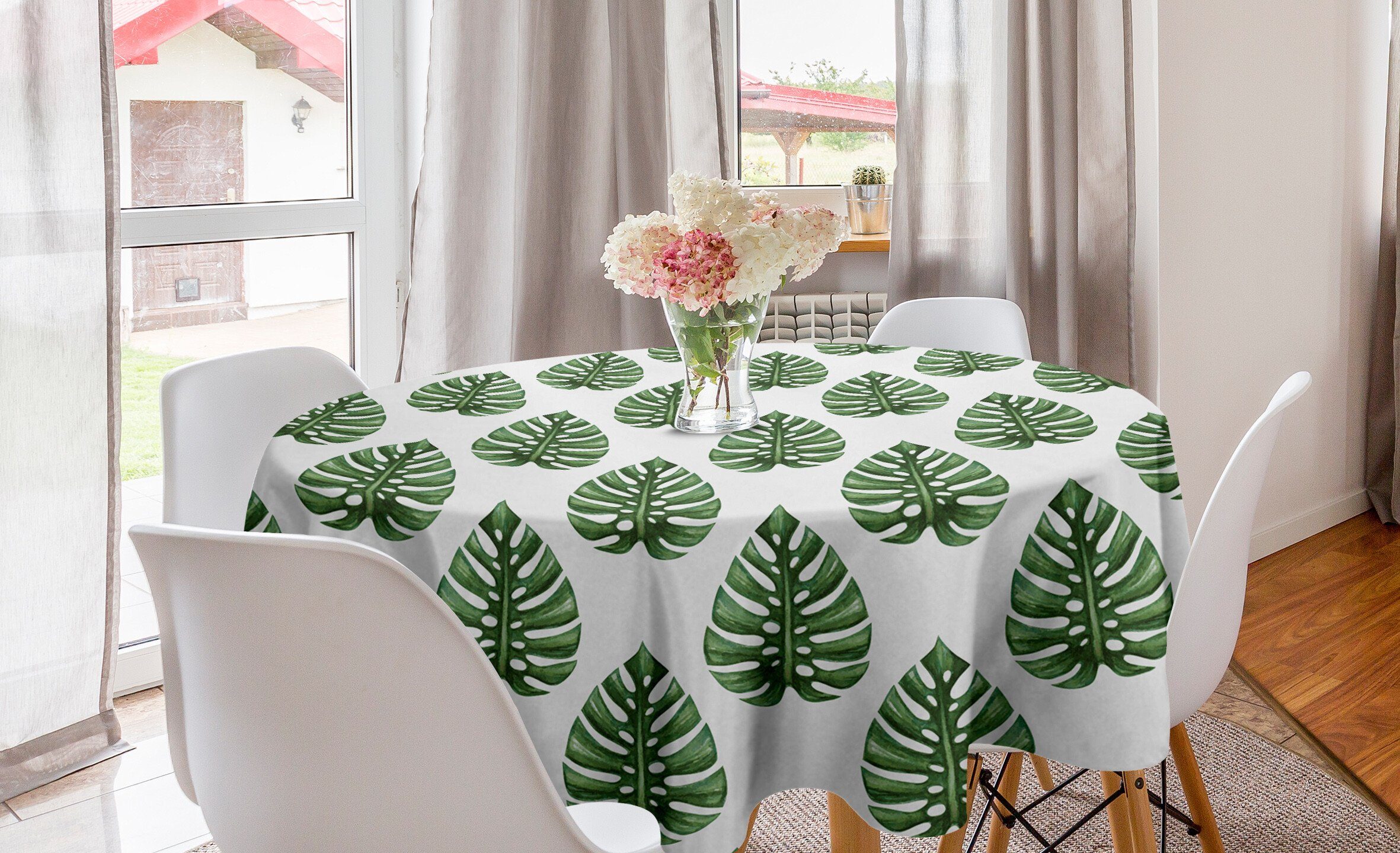 Abakuhaus Tischdecke Kreis Tischdecke Abdeckung für Esszimmer Küche Dekoration, Tropisch Handzeichnung Dschungel Blatt