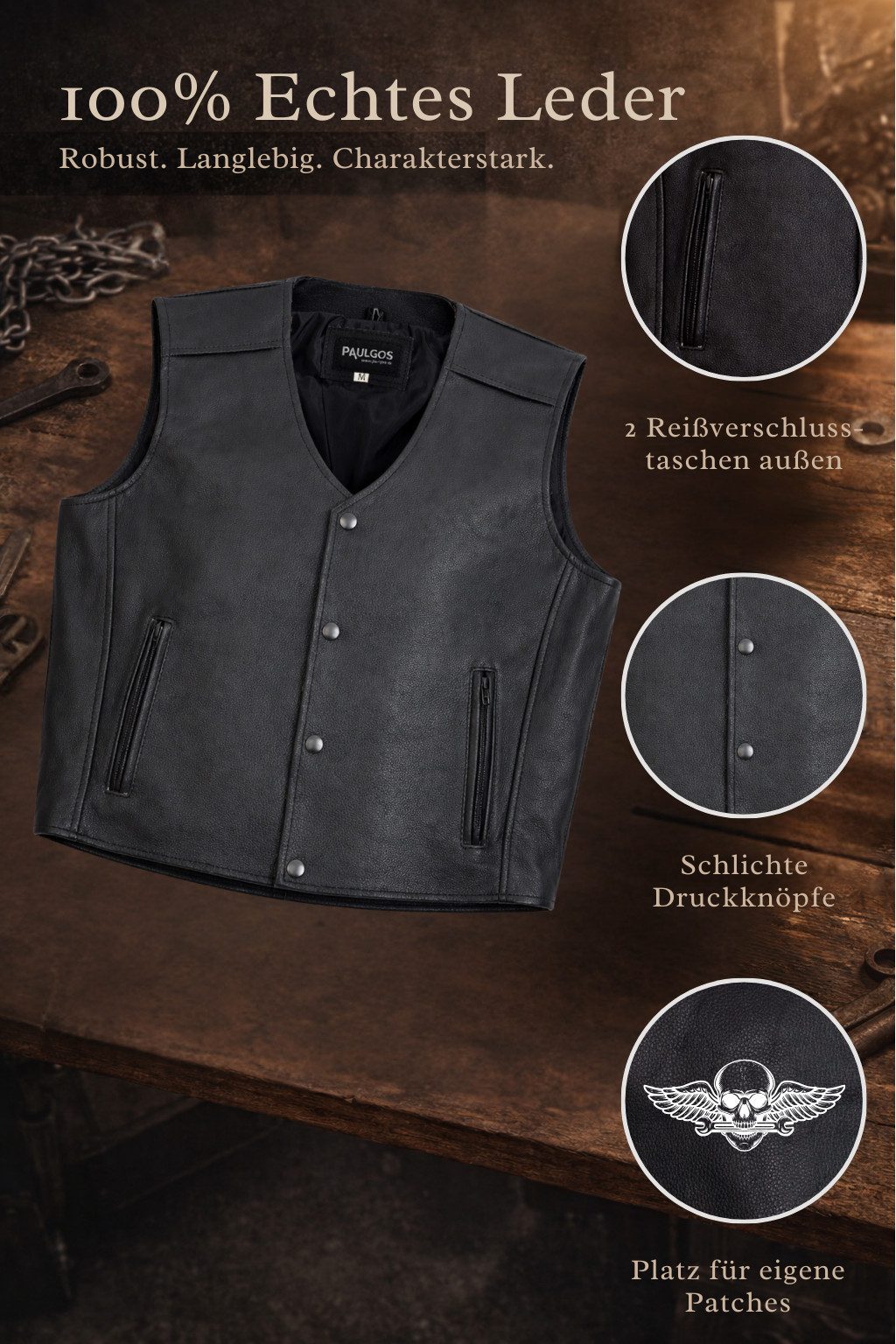 PAULGOS Motorradweste Lederweste Biker Kutte Clubweste Chopper Weste 100% Echtleder - BW3
