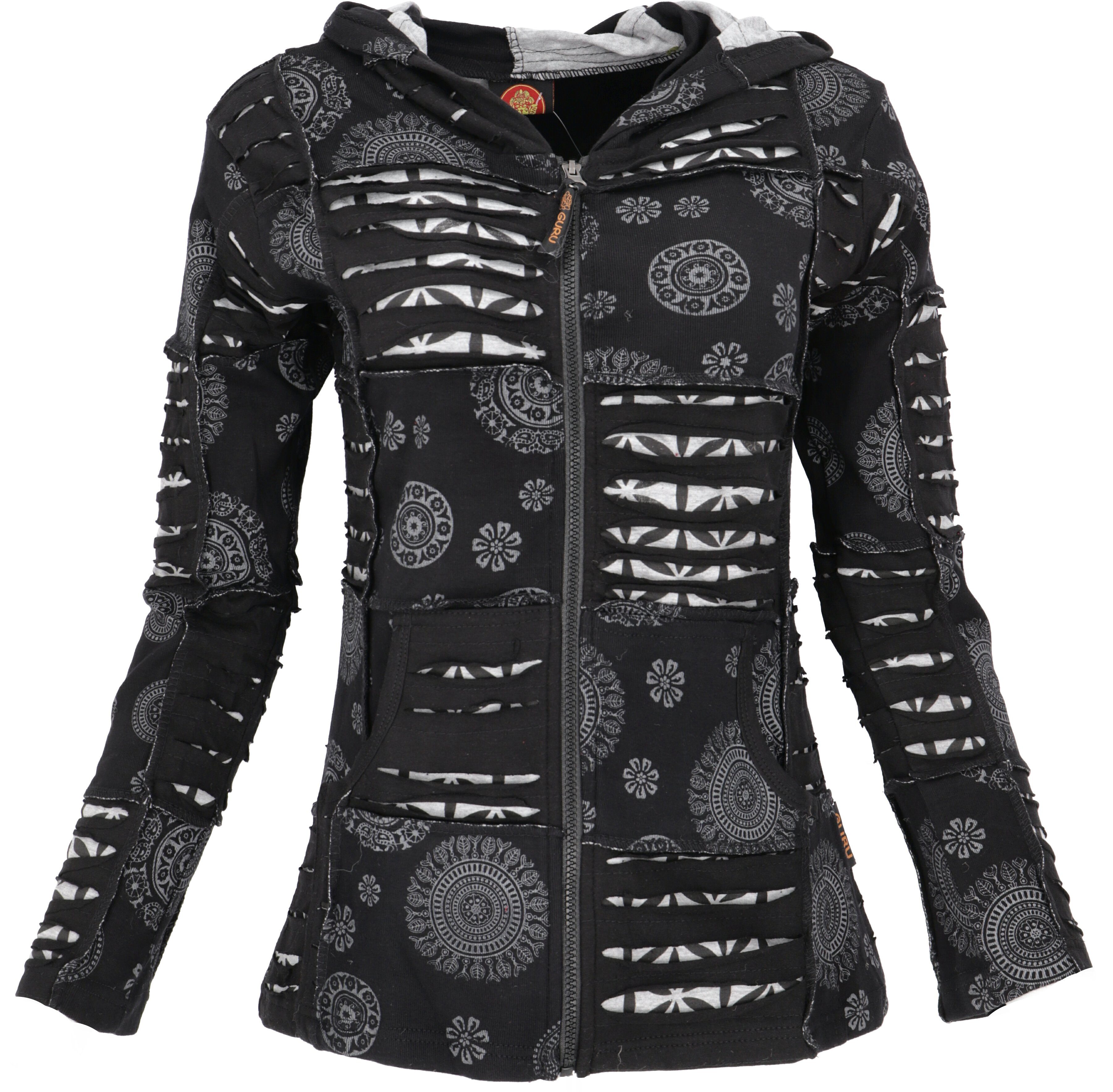 Guru-Shop Langjacke Goa Patchwork Jacke, Boho Kapuzenjacke - schwarz alternative Bekleidung